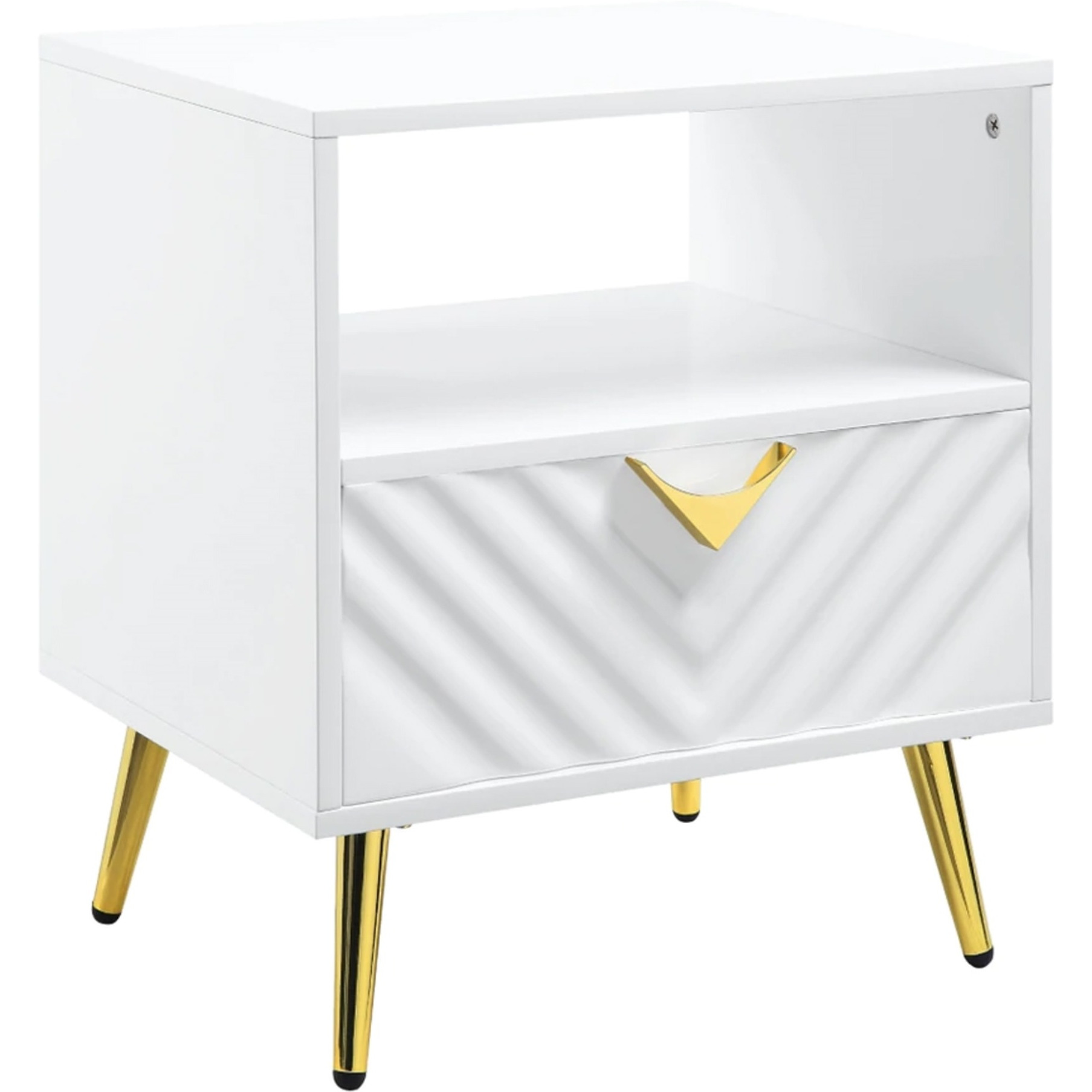 Tyra 22 Inch Wood End Table with Open Space, Wave Pattern, White, Gold
