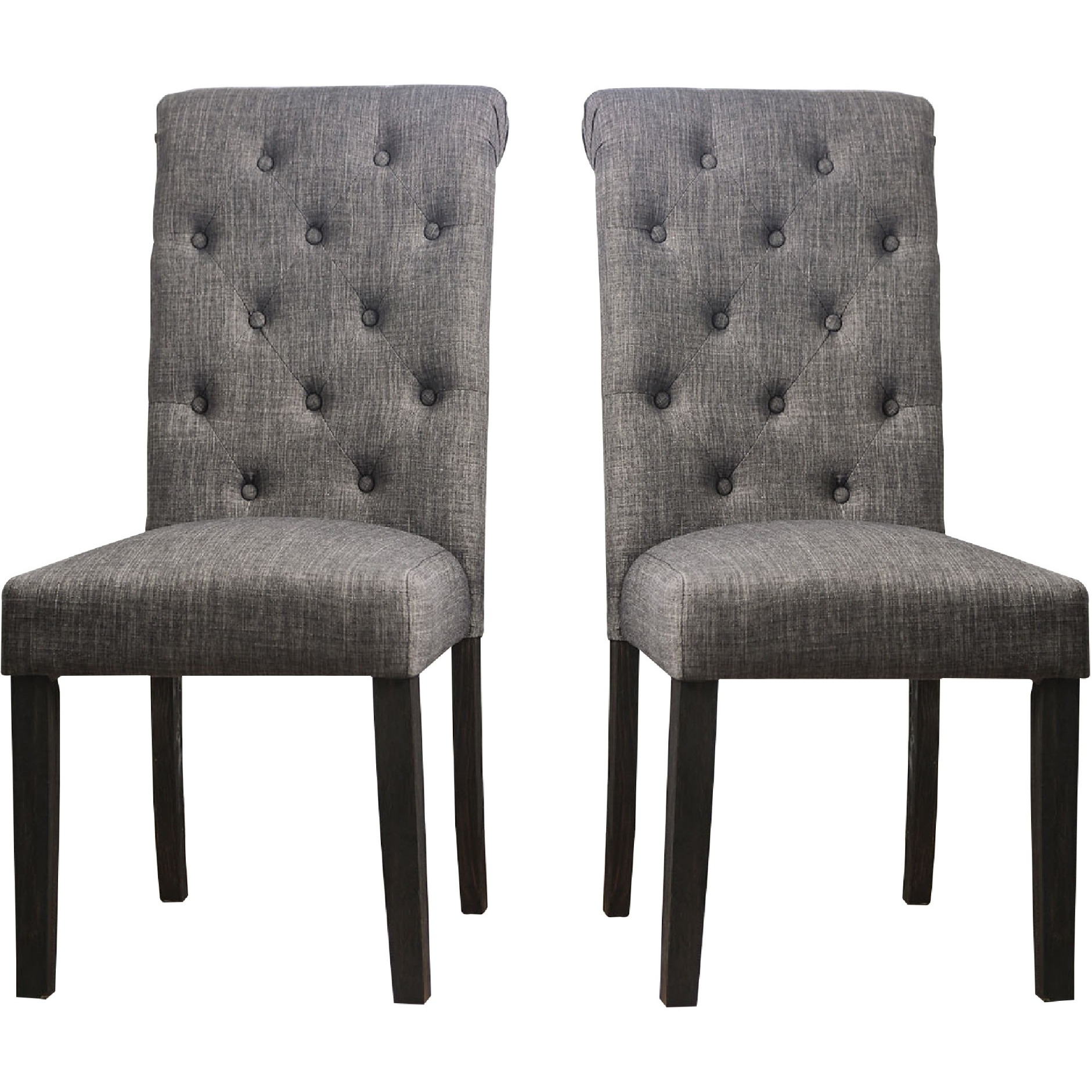 27 Inch Fabric Dining Chair, Button Tufted Rolled Back, Wood, Gray