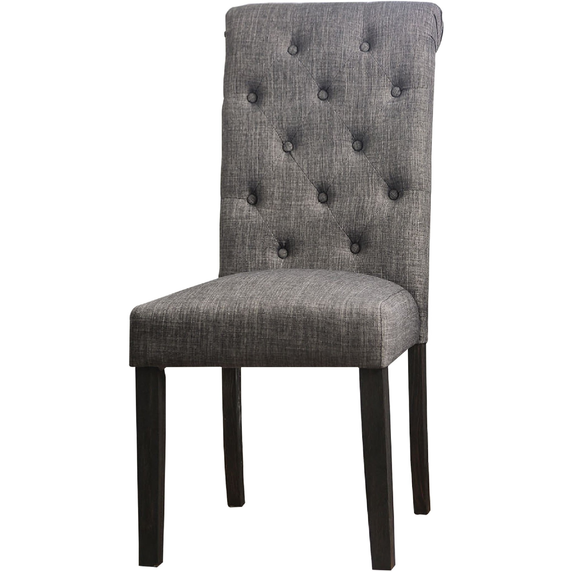 27 Inch Fabric Dining Chair, Button Tufted Rolled Back, Wood, Gray