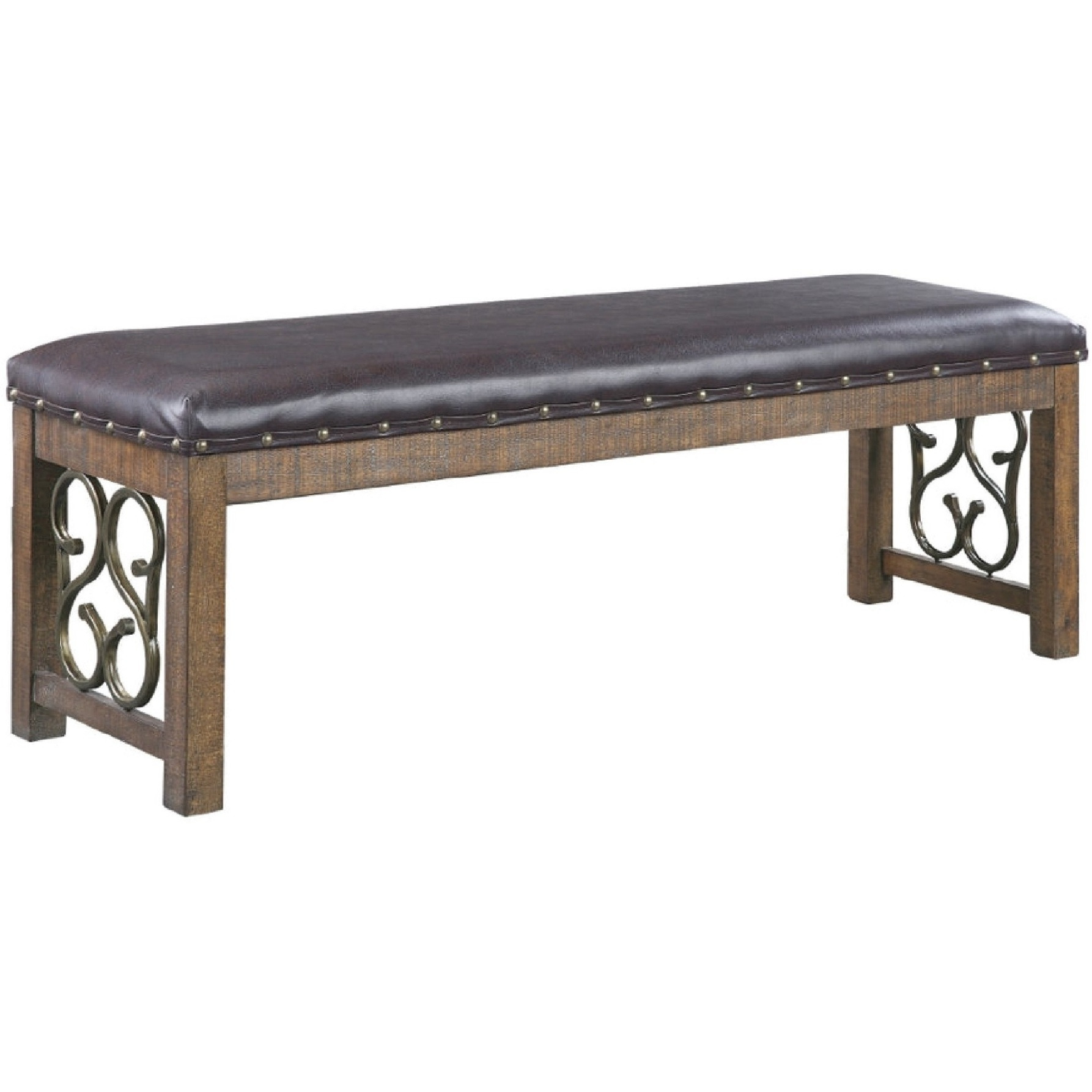 Ral 56 Inch Solid Wood Padded Bench, Metal Scroll Design, Nailhead, Brown