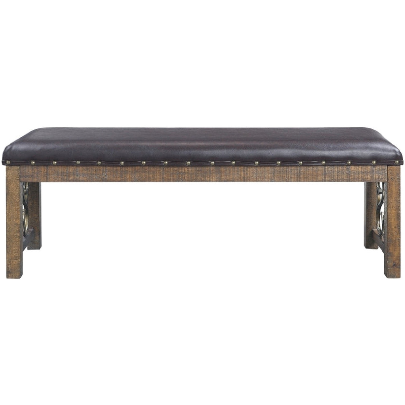 Ral 56 Inch Solid Wood Padded Bench, Metal Scroll Design, Nailhead, Brown
