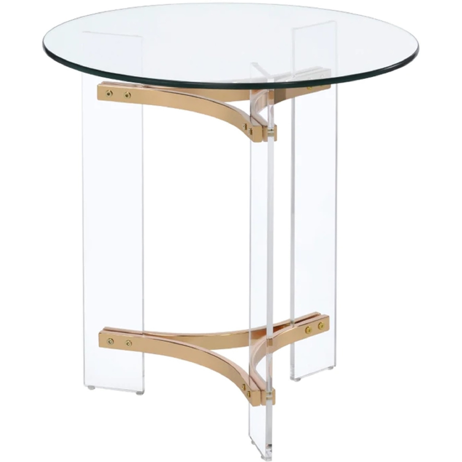Hale 23 Inch Round End Table, Glass Top, Acrylic Legs, Clear, Gold