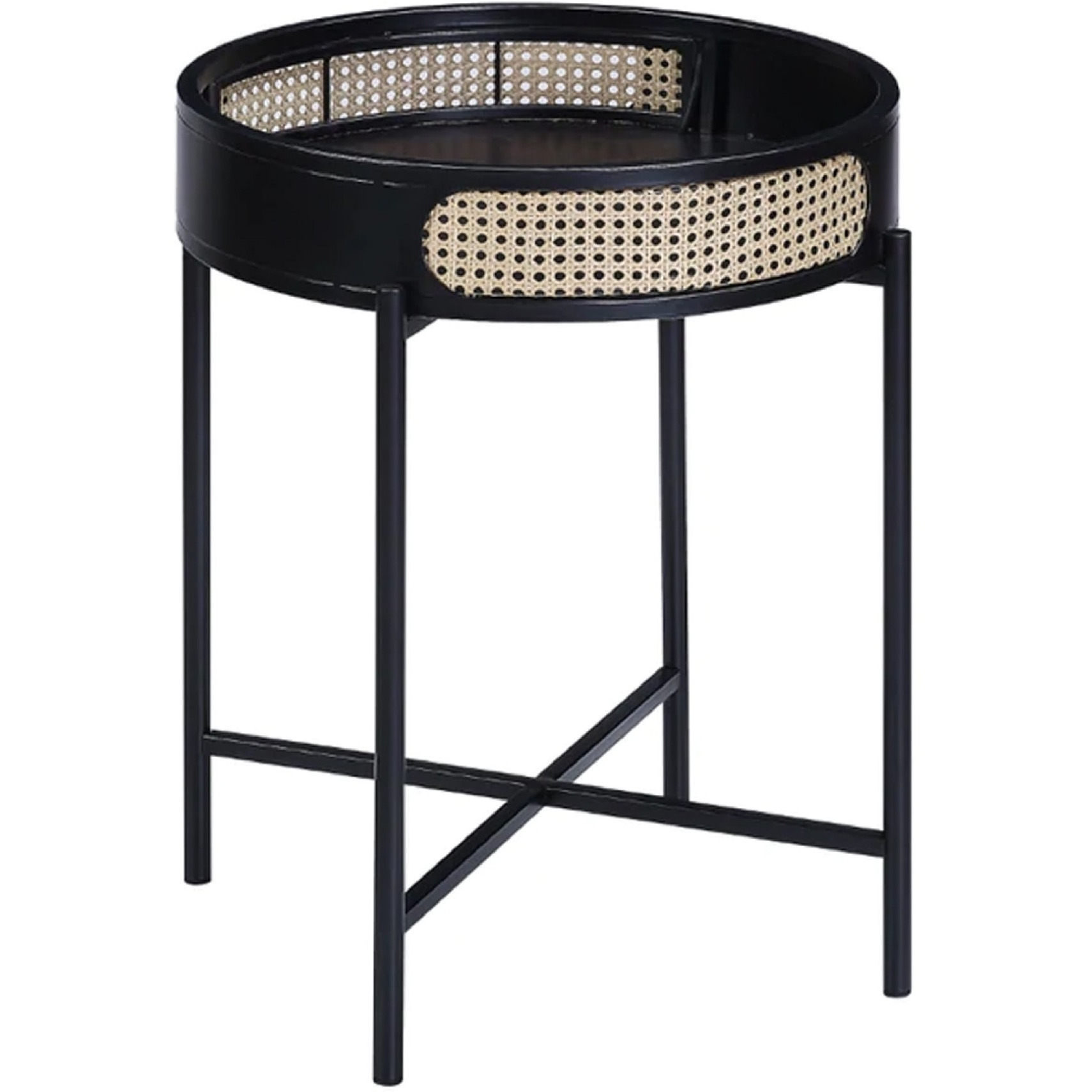 Bert 24 Inch Round End Table, Rattan Apron Accent, Metal Legs, Black