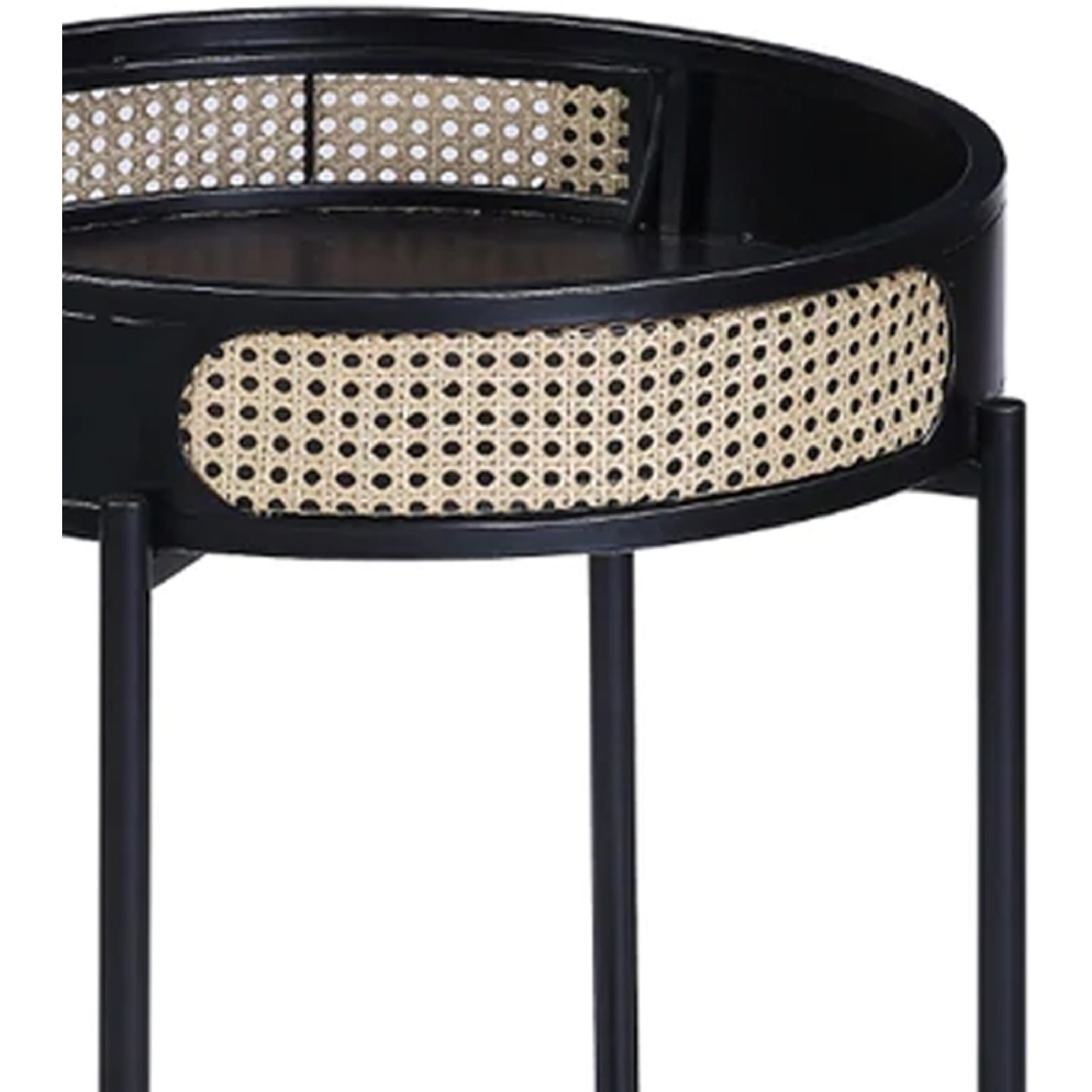Bert 24 Inch Round End Table, Rattan Apron Accent, Metal Legs, Black