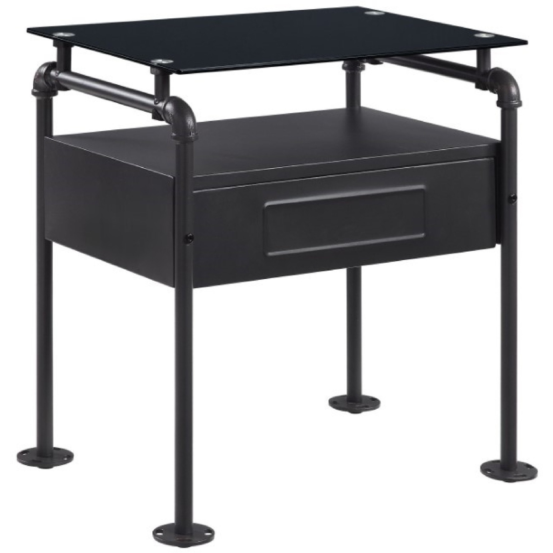 23 Inch Metal Nightstand Side Table, Tempered Glass, Industrial, Dark Gray