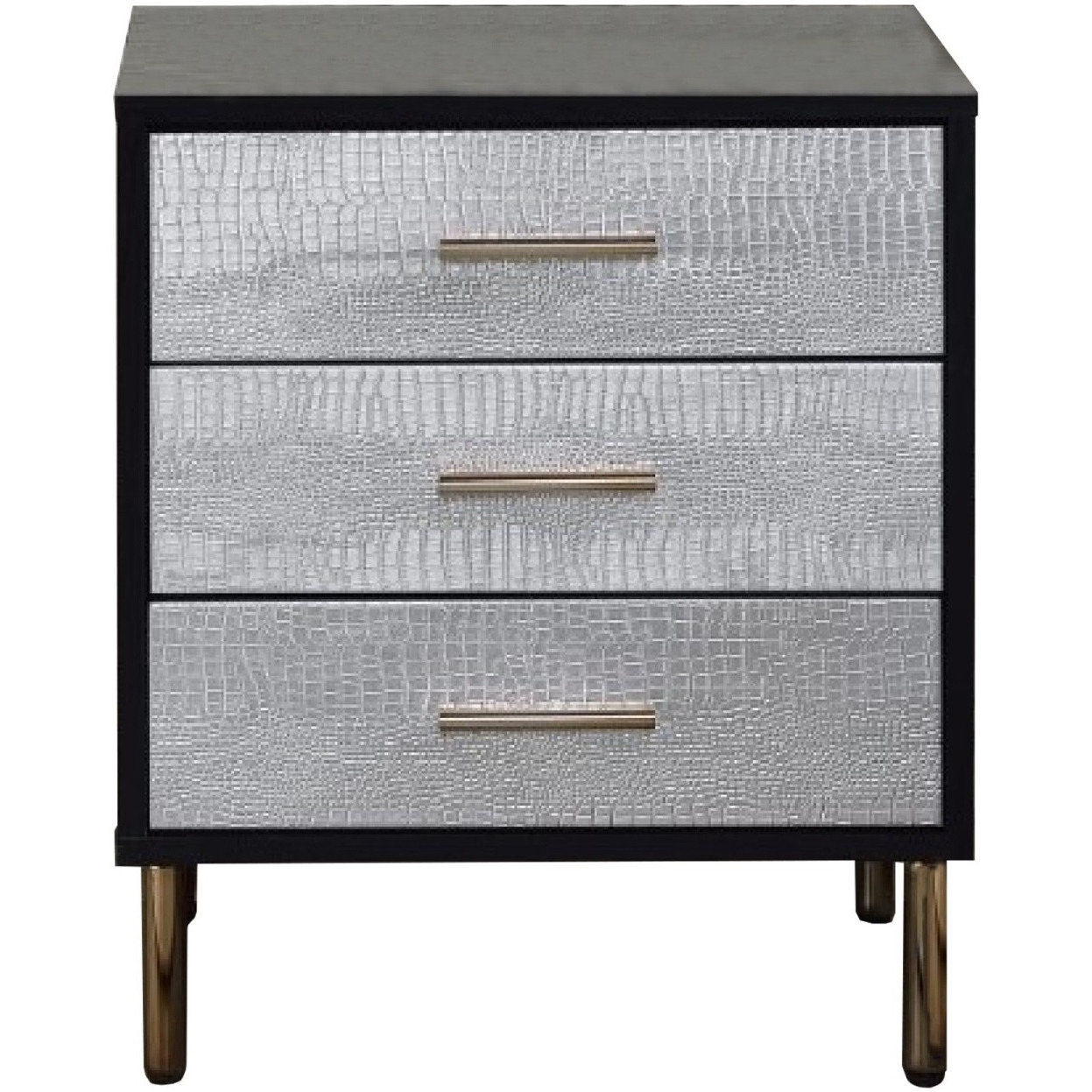 San 19 Inch Glamorous Style Nightstand, 3 Drawers, Black, Silver, Gold