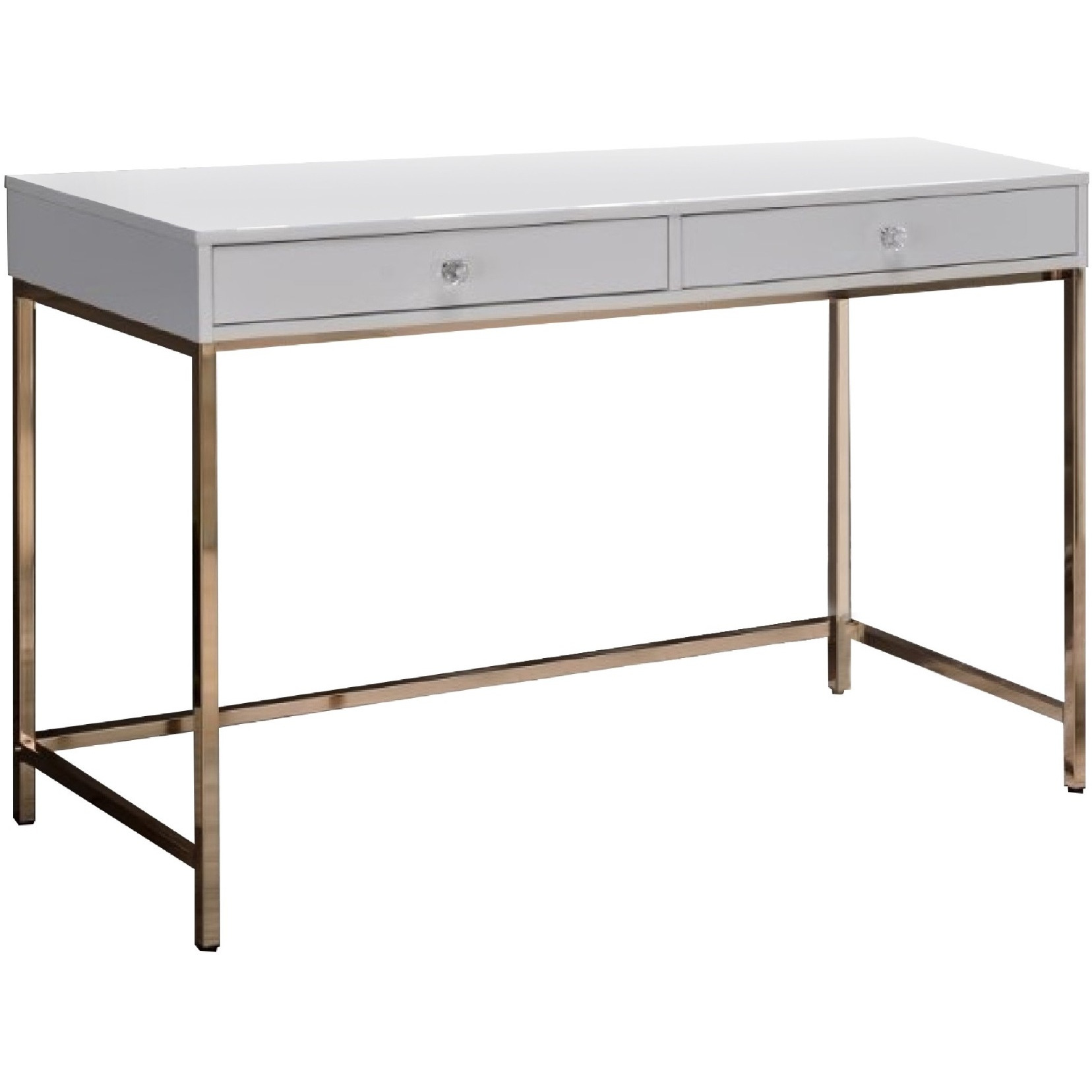 47 Inch Desk Console Table, 2 Drawers, Metal Frame, White, Gold