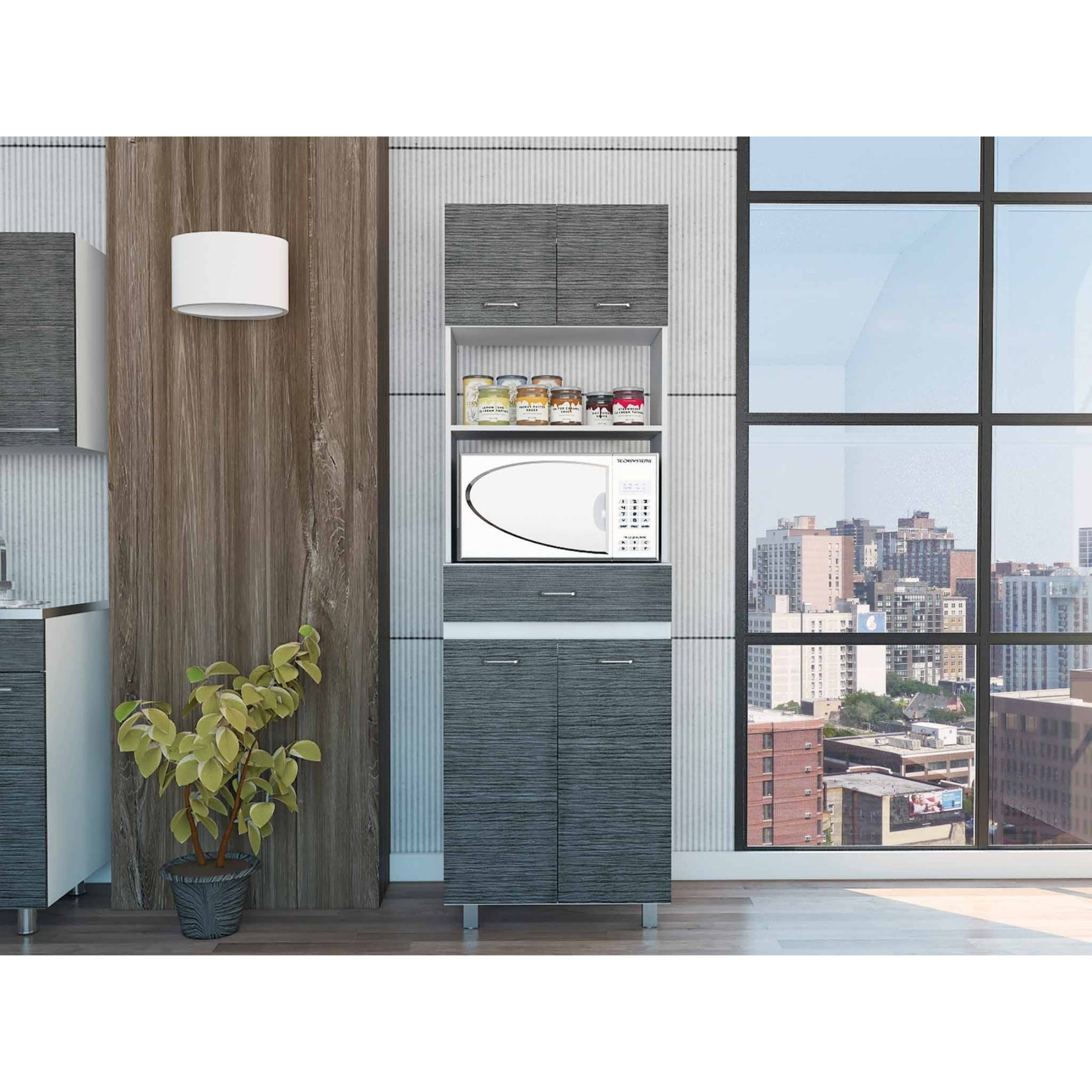 TUHOME Caribe Microwave Cabinet, Four Legs, One Drawer, Two-Doors Cabinets, One Shelf For Microwave, Smoky Oak, For Kitchen Room
