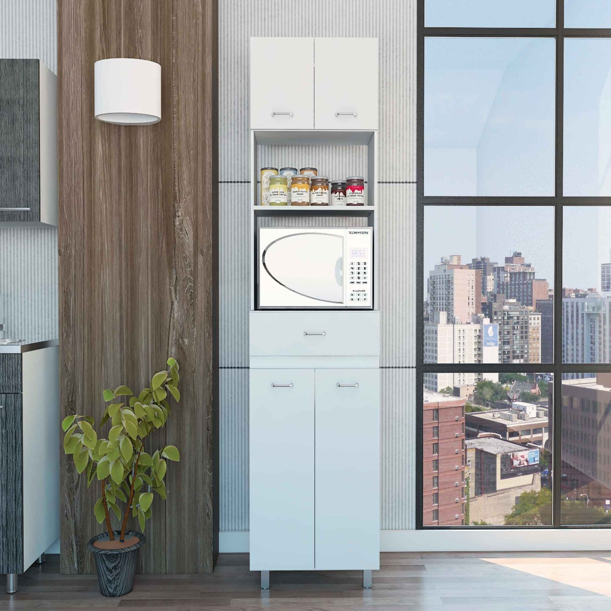 TUHOME Caribe Microwave Cabinet, Four Legs,One Drawer, Two-Doors Cabinets, One Shelf For Microwave, White, For Kitchen Room