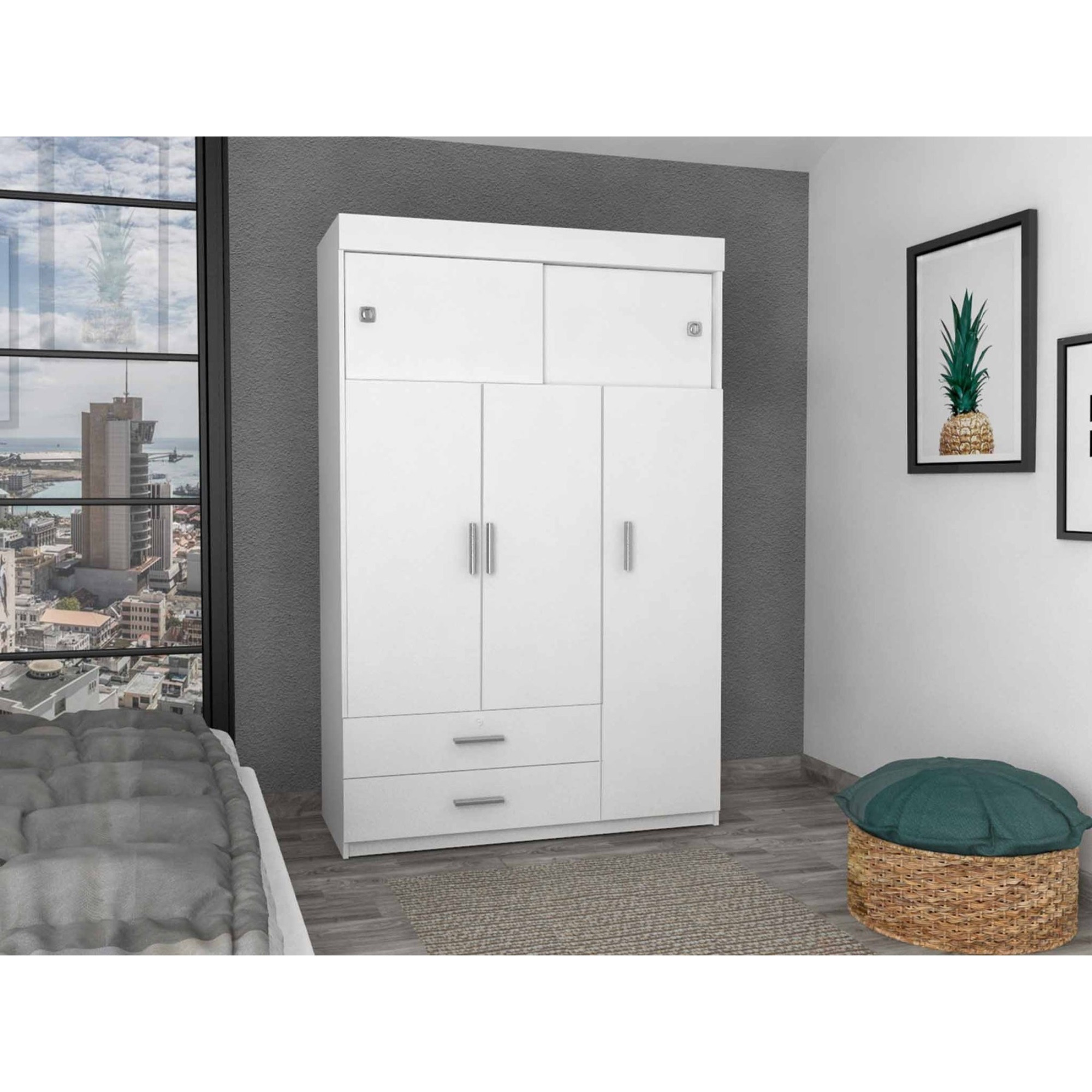 TUHOME Chile Armoire, Rod, Three Door Cabinet, Two Drawers, Two Superior Mobile Shelves, Metal Hardware- White, For Bedroom