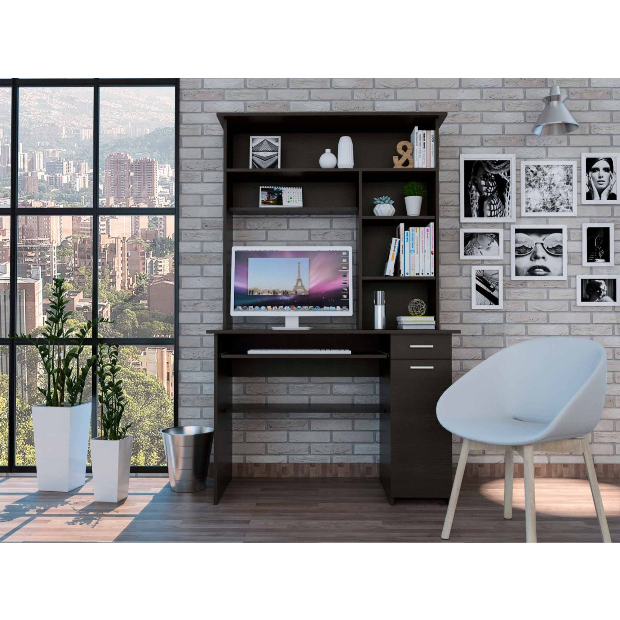 TUHOME Compu 180 Hutch Desk, Multiple Shelves, Retractable Keyboard Shelf, Door Panel For CPU, Countertop, One Drawer, Black, For Office