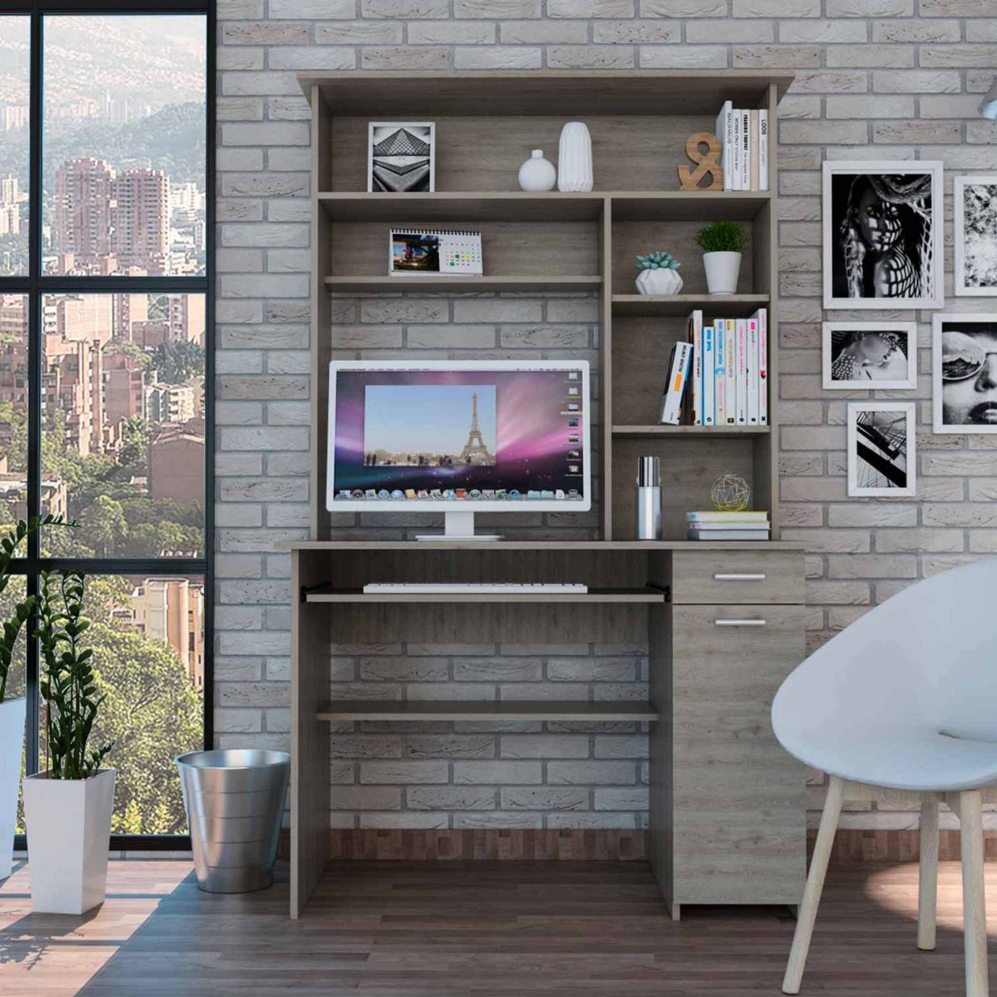 TUHOME Compu 180 Hutch Desk, Multiple Shelves, Retractable Keyboard Shelf, Door Panel For CPU, Countertop, One Drawer, Light Grey, For Office