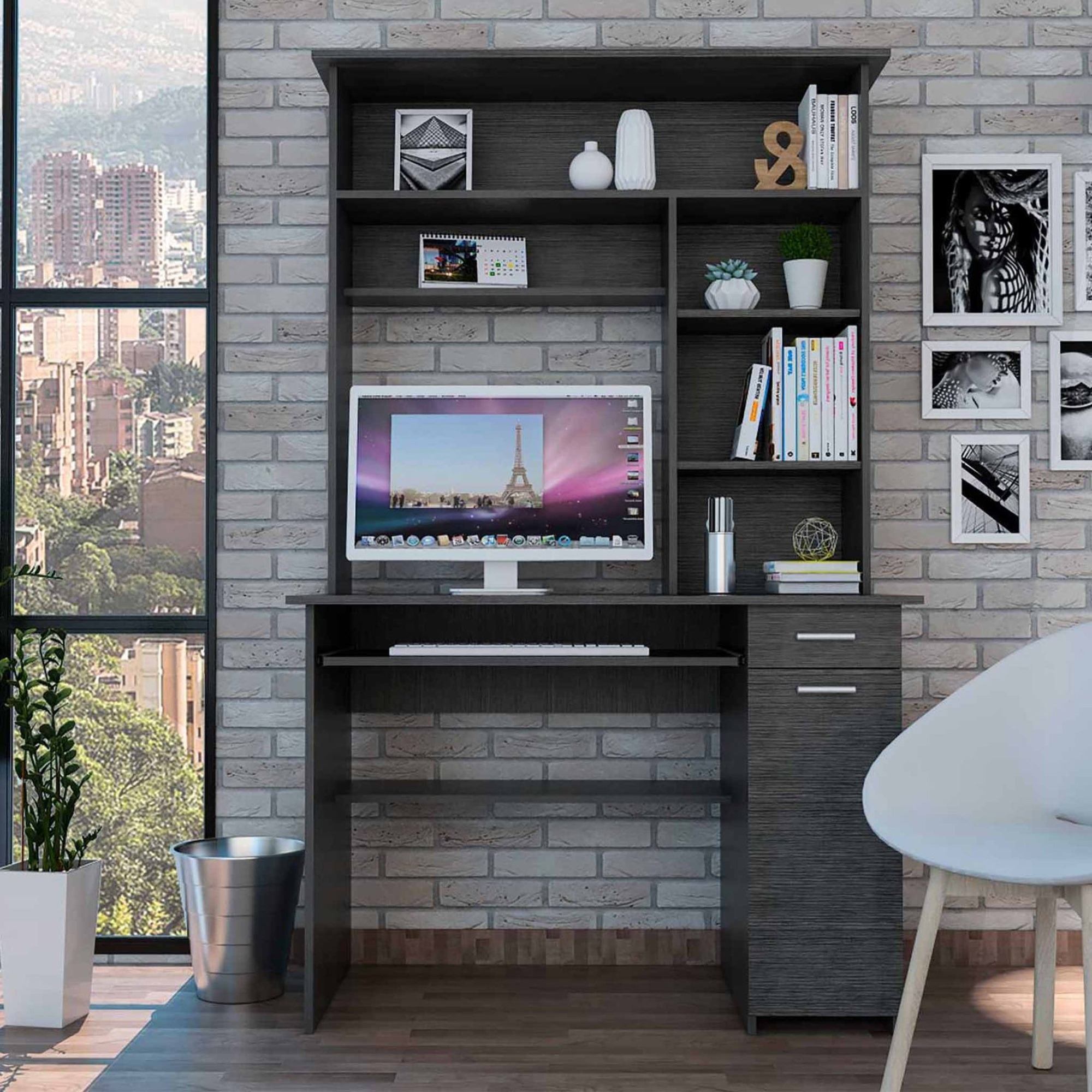 TUHOME Compu 180 Hutch Desk, Multiple Shelves, Retractable Keyboard Shelf, Door Panel For CPU, Countertop, One Drawer, Grey Oak, For Office