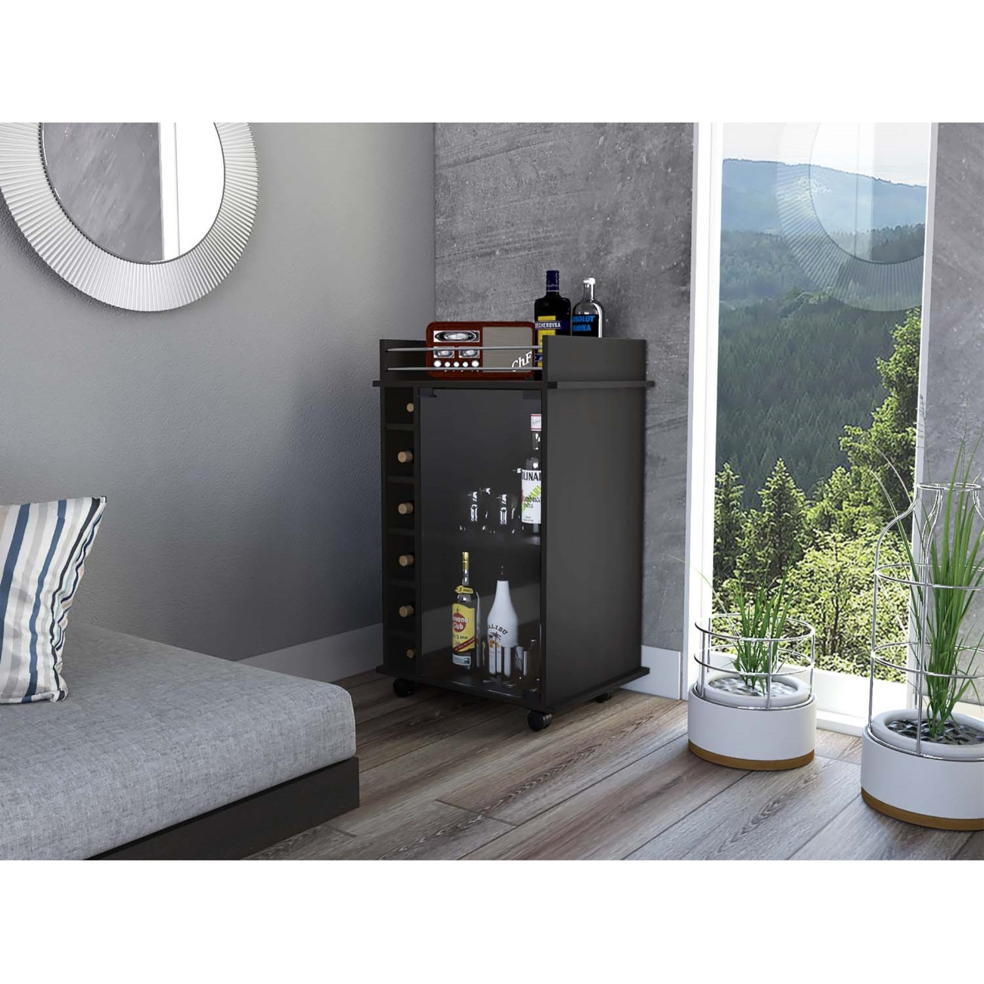 TUHOME Dukat Bar Cart,Two Shelves, Six Wine Cubbies, Glass Door, Four Caster Wheels, Countertop, Black, For Living Room