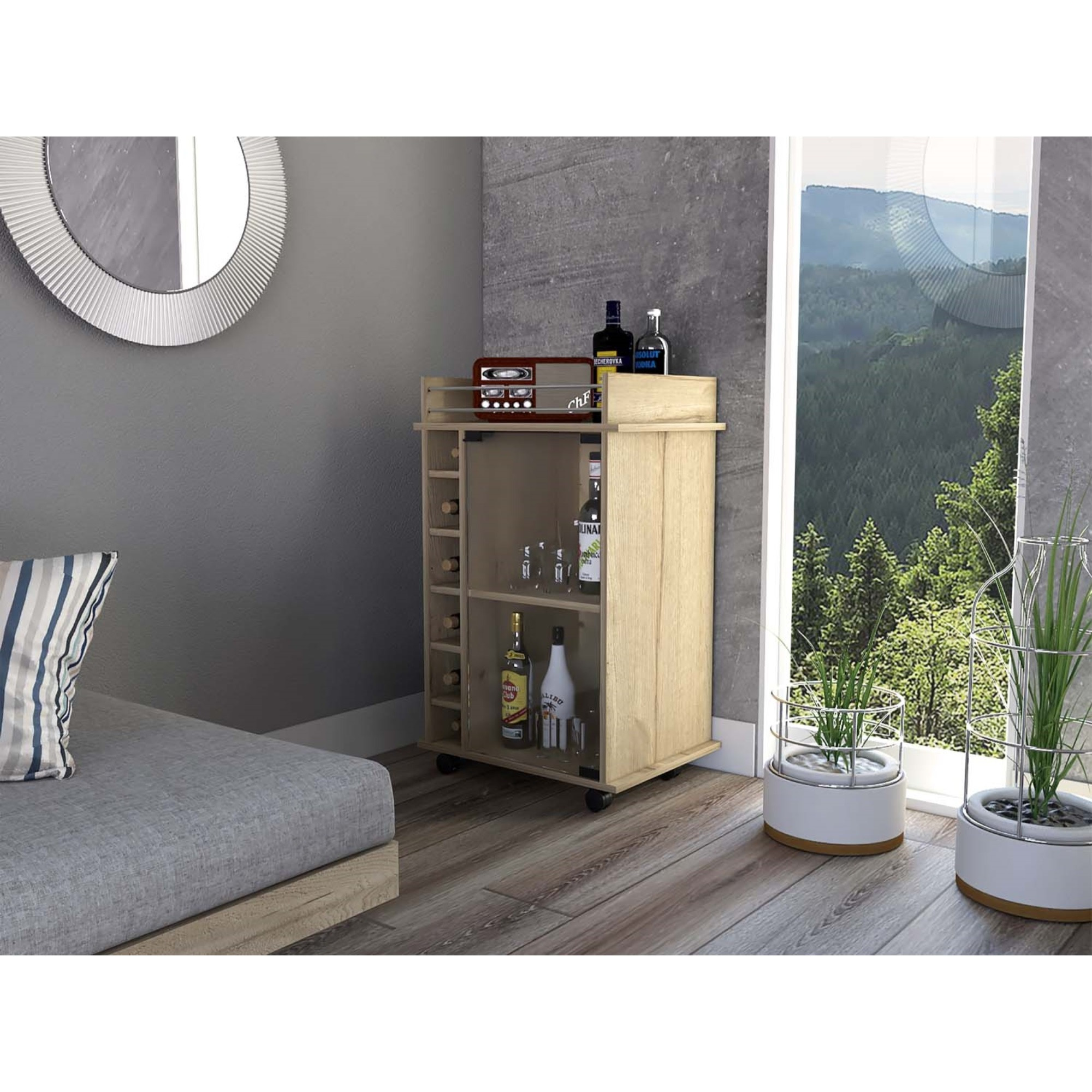 TUHOME Dukat Bar Cart,Two Shelves, Six Wine Cubbies, Glass Door, Four Caster Wheels, Countertop, Light Oak, For Living Room