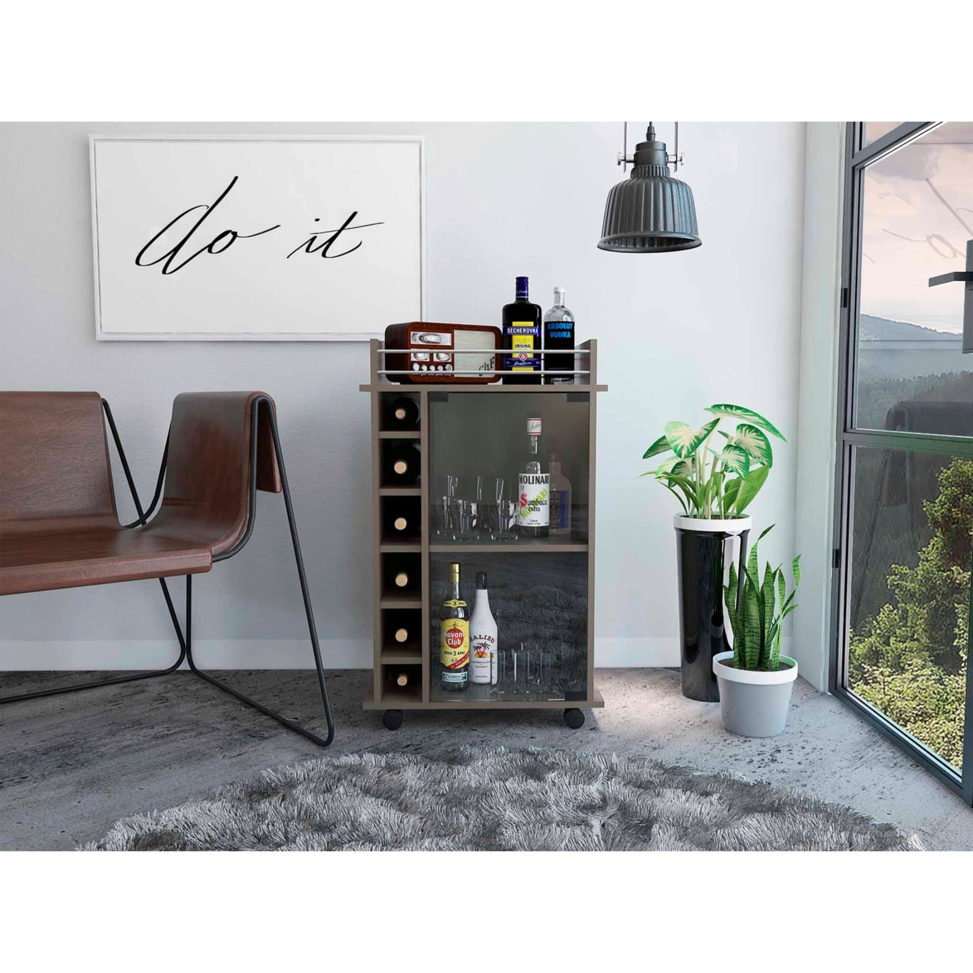TUHOME Dukat Bar Cart,Two Shelves, Six Wine Cubbies, Glass Door, Four Caster Wheels, Countertop, Grey Oak, For Living Room