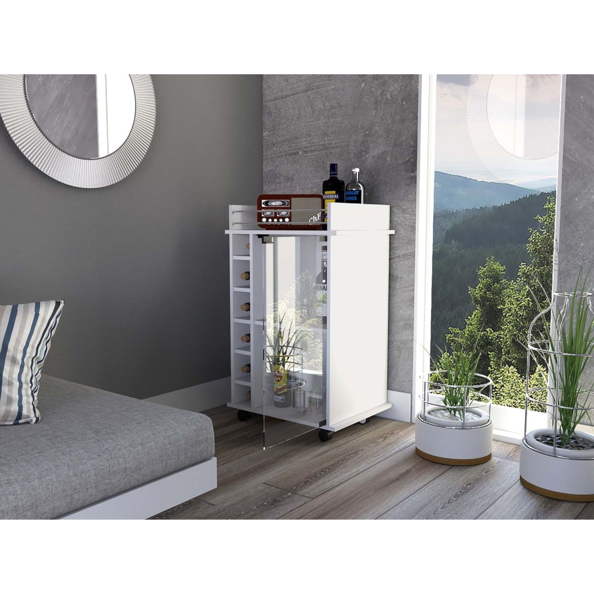 TUHOME Dukat Bar Cart,Two Shelves, Six Wine Cubbies, Glass Door, Four Caster Wheels, Countertop, White, For Living Room