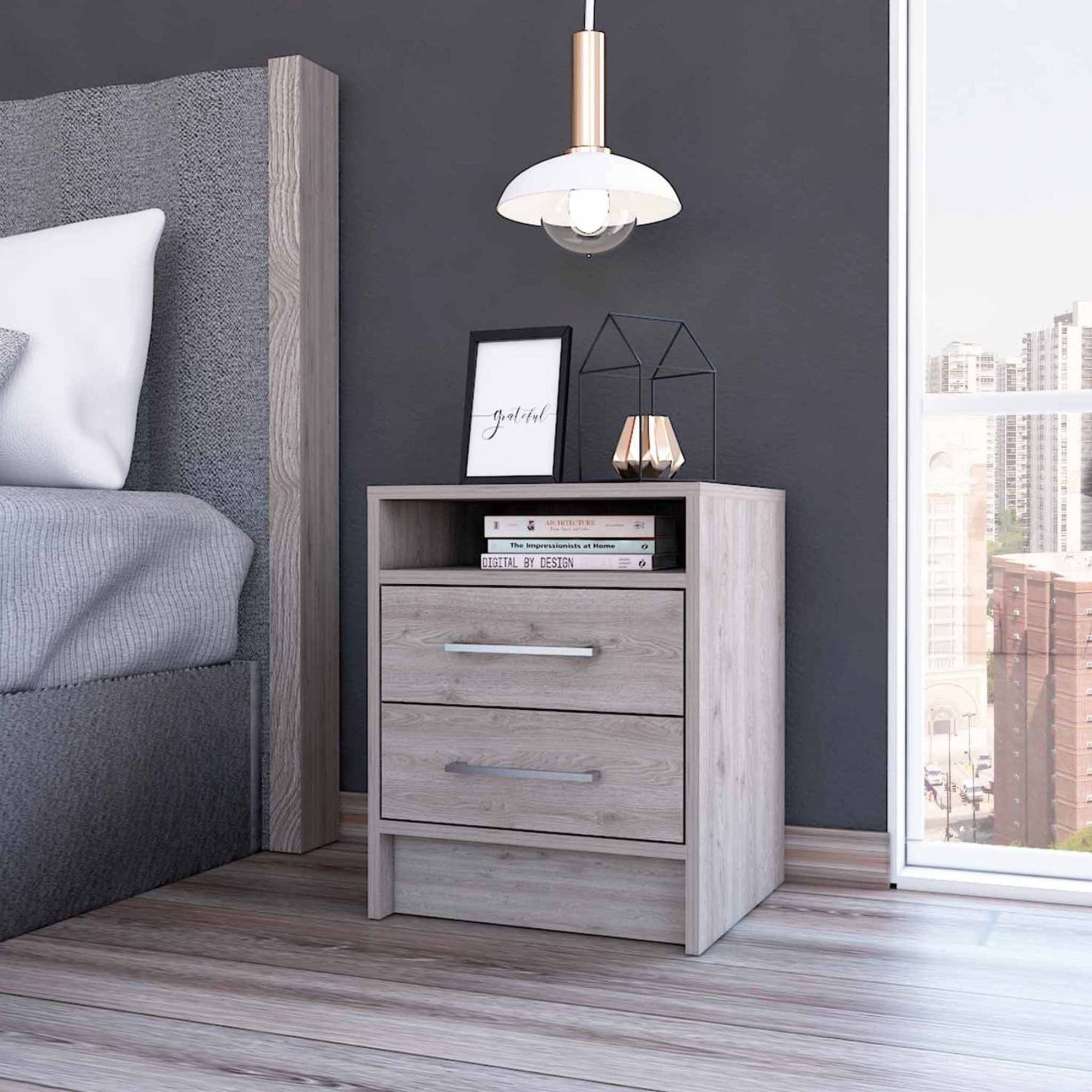 TUHOME Eter Nightstand, Countertop, Two Drawers, Light Grey , For Bedroom