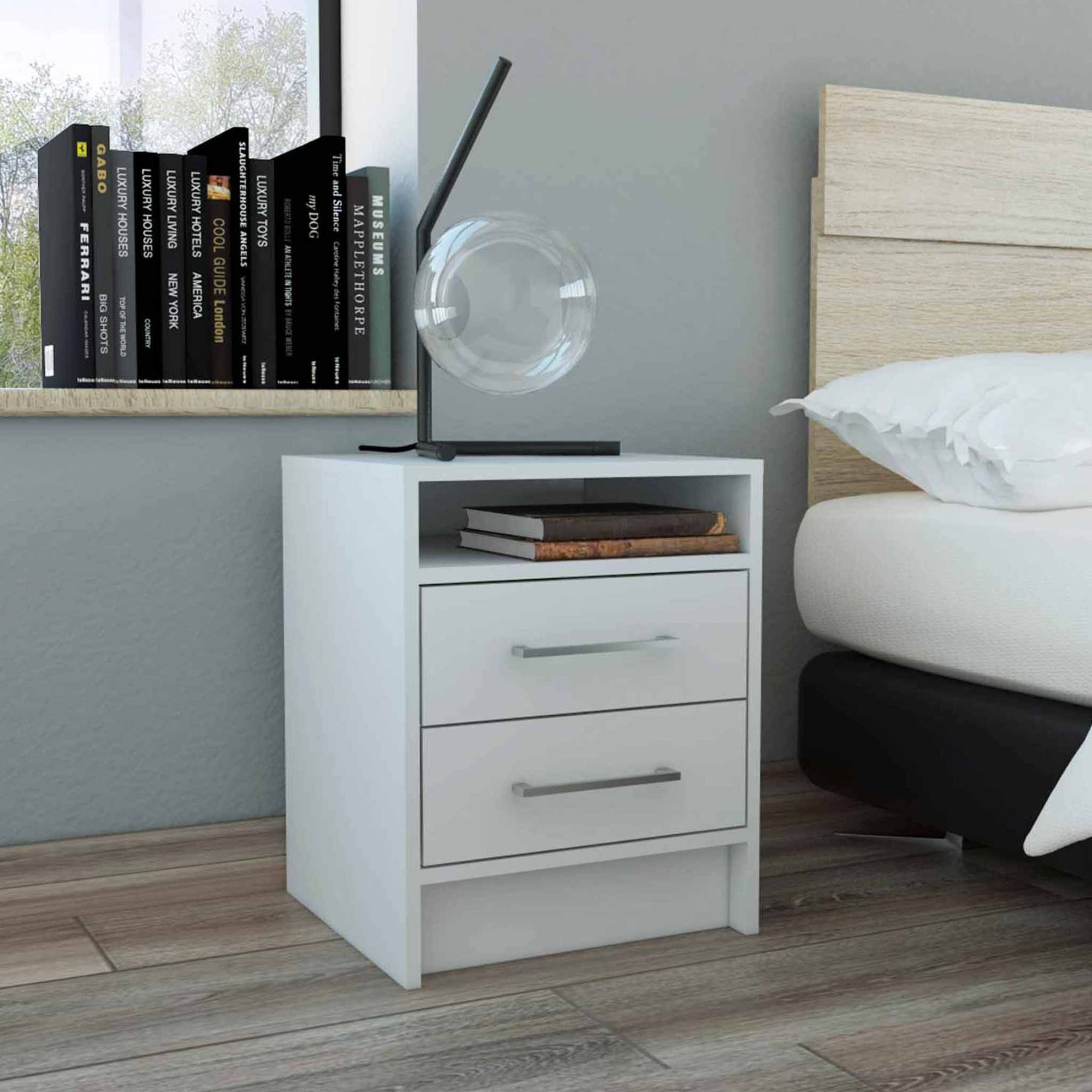 TUHOME Eter Nightstand, Countertop, Two Drawers, White, For Bedroom