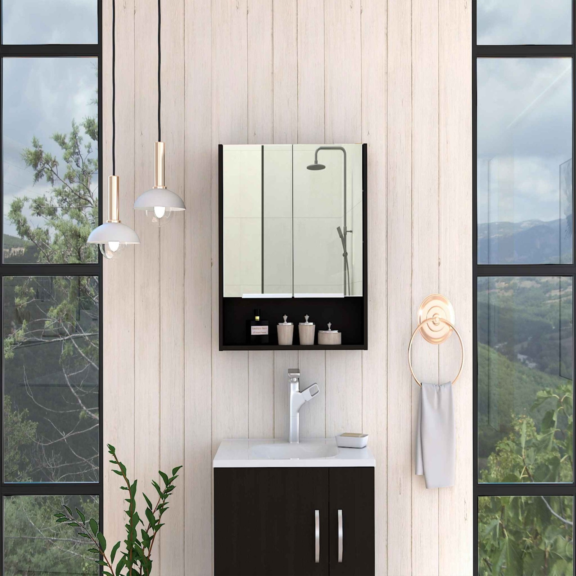 TUHOME Jaspe Mirror Cabinet, Mirror, Three Internal Shelves, One Open Shelf, Two-Door Cabinet, Black, For Bathroom