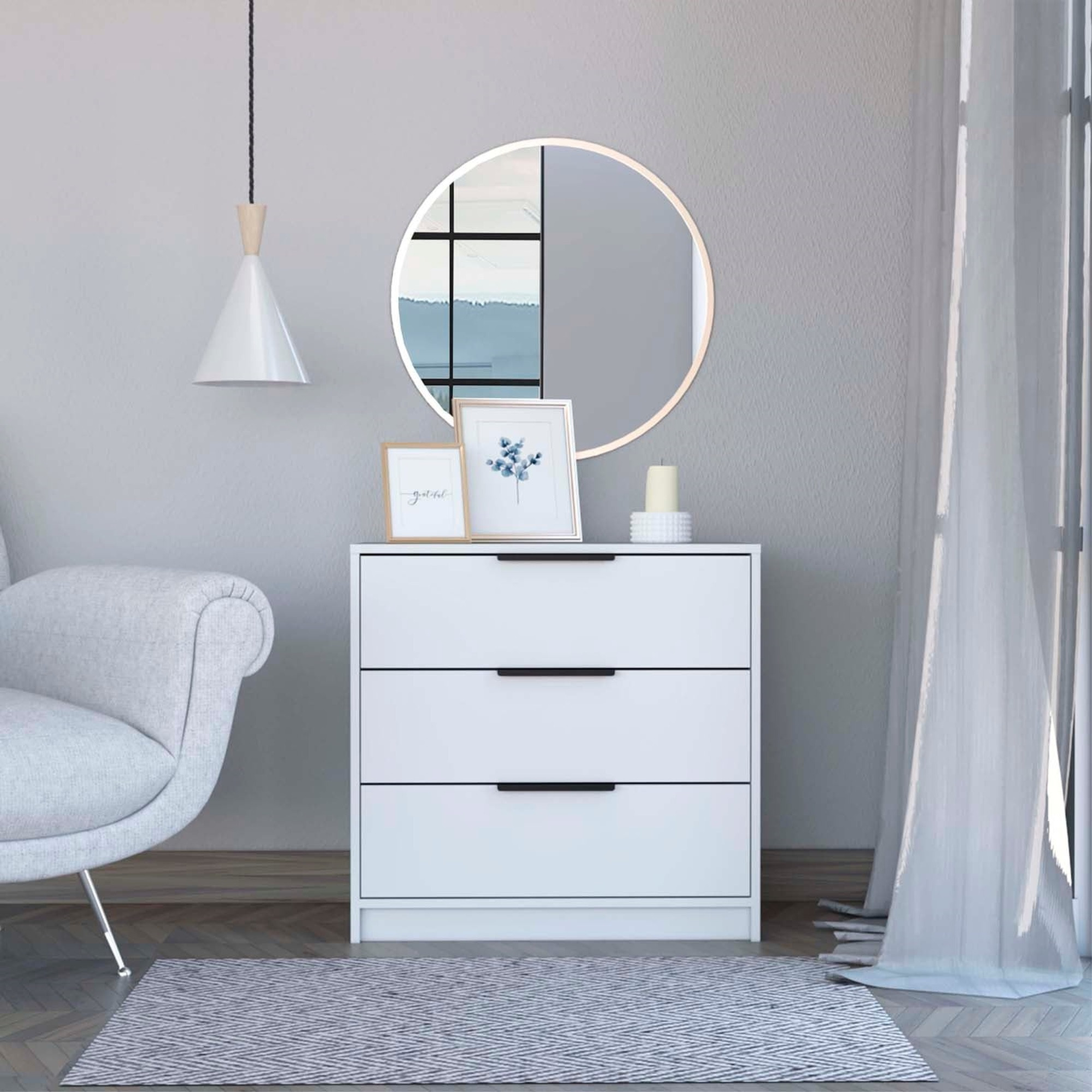 TUHOME Kaia 3 Drawers Dresser, Three Drawers, Countertop, White, For Bedroom