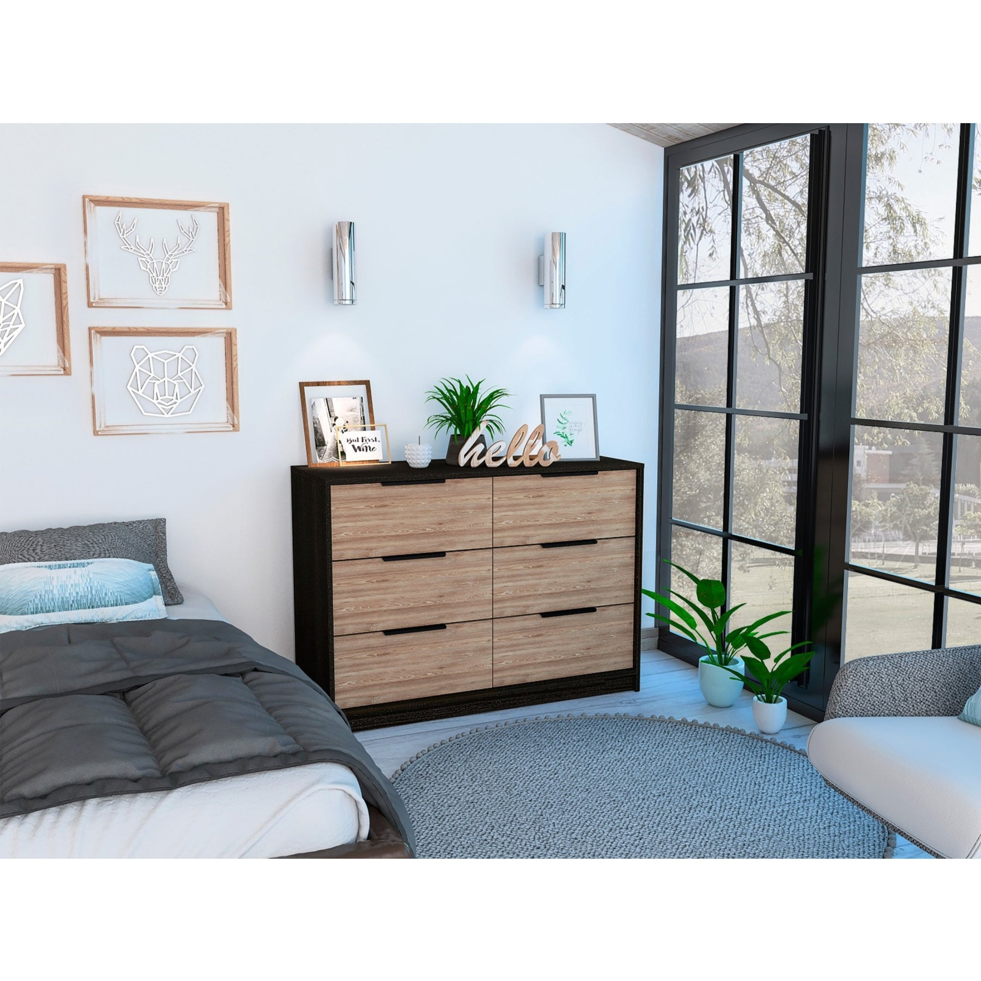 TUHOME Kaia 4 Drawers Dresser, Countertop, Four Drawer Dresser, Black/Pine, For Bedroom