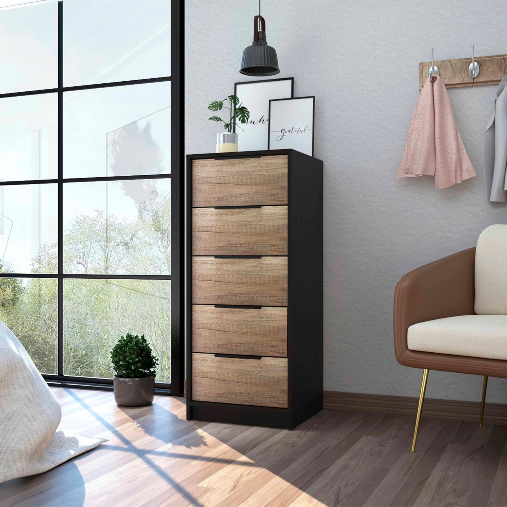 TUHOME Kaia 5 Drawer Dresser, Five Shelves, Vertical Dresser, Black/Light Oak, For Bedroom