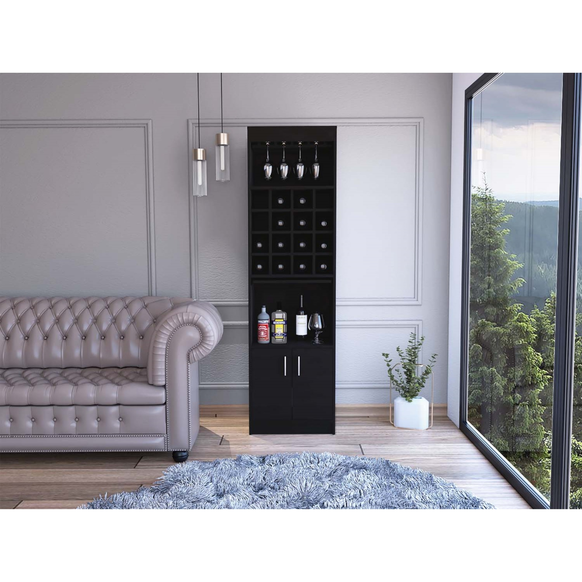 TUHOME Kava Bar Cabinet, One Extendable Shelf, Cup Rack, Sixteen Wine Cubbies, One Shelf, Two-Door Cabinet, Black, For Living Room