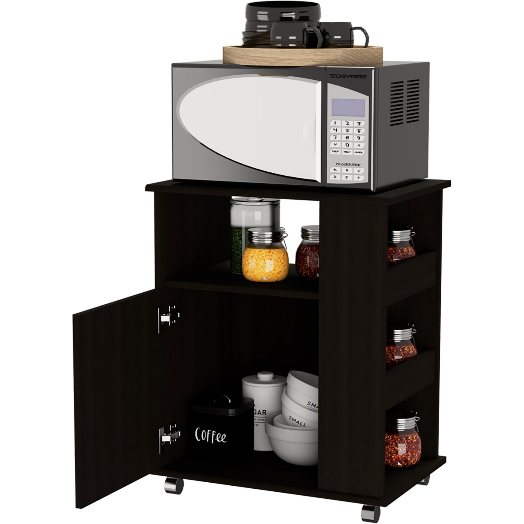 TUHOME Kit Lower Microwave Cabinet, One-Door Cabinet, Three Lateral Shelves, Two Internal Shelves, Countertop For Microwave, Black, For Kitchen Room