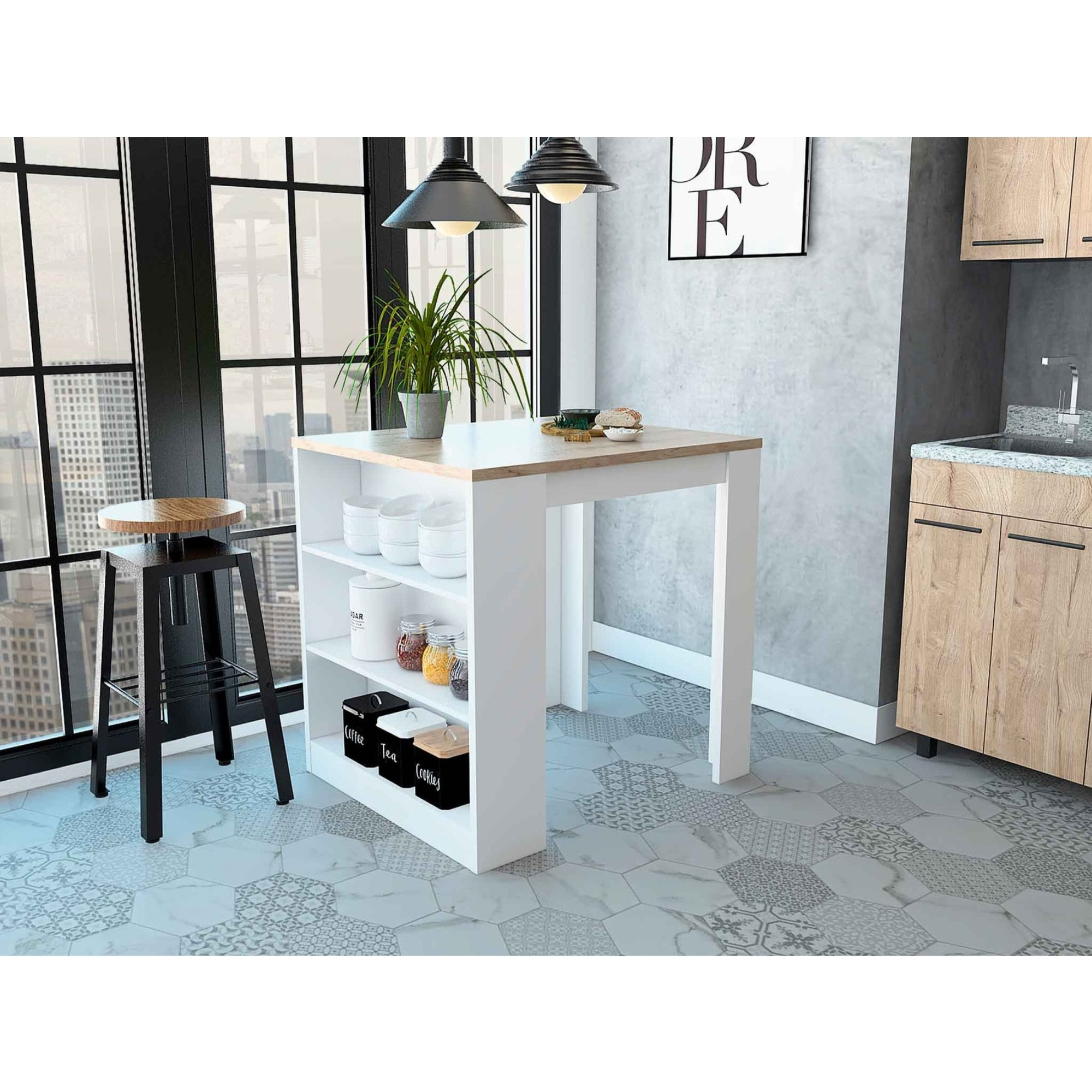 TUHOME Kitchen Counter Dining Table Tanna, Countertop Table, Two Legs, Three Lateral Shelves, Countertop Table, White, For Kitchen Room
