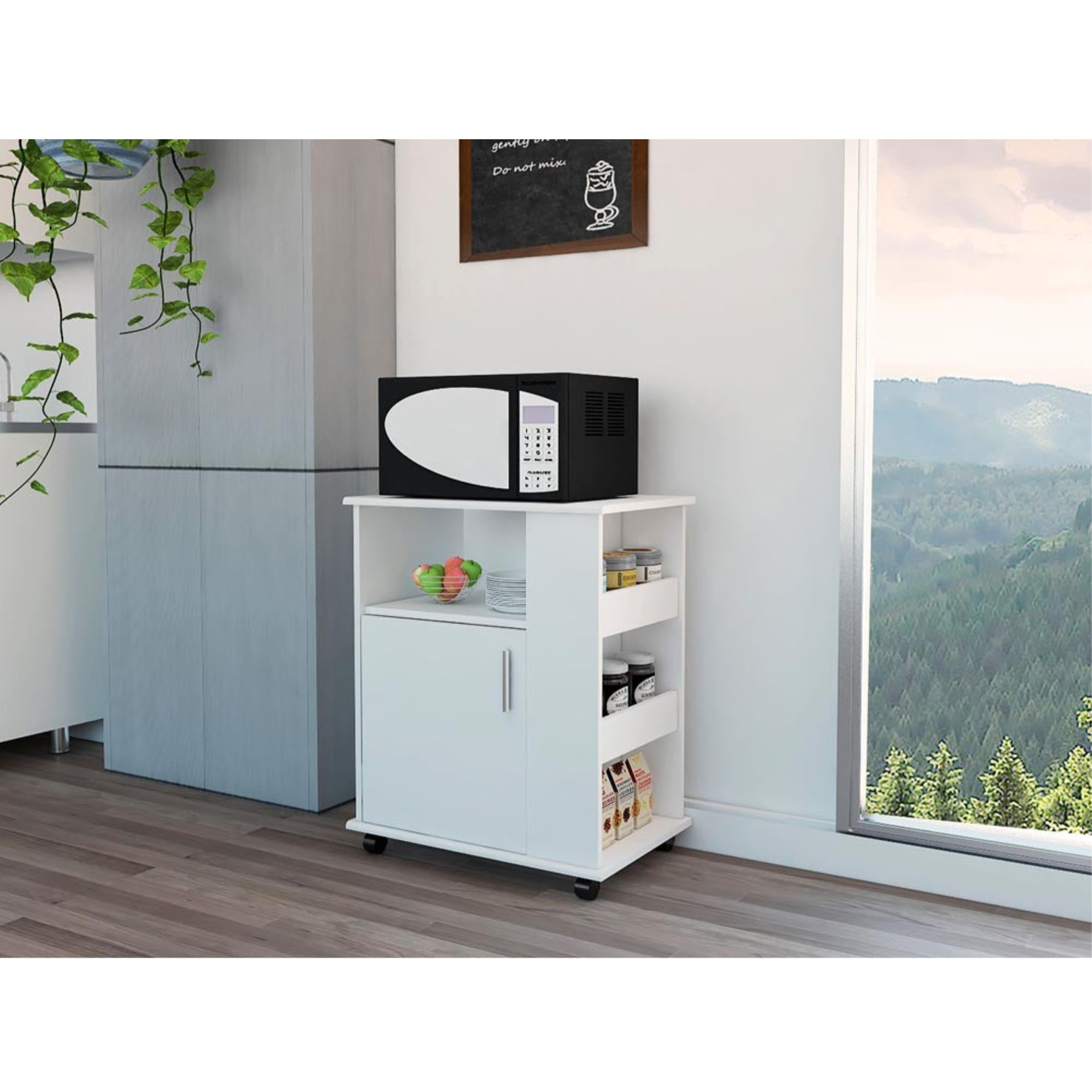 TUHOME Kitchen Service Cart, Countertop For Microwave,Three Lateral Shelves, Two Internal Shelves, One-Door Cabinet, White, For Kitchen Room
