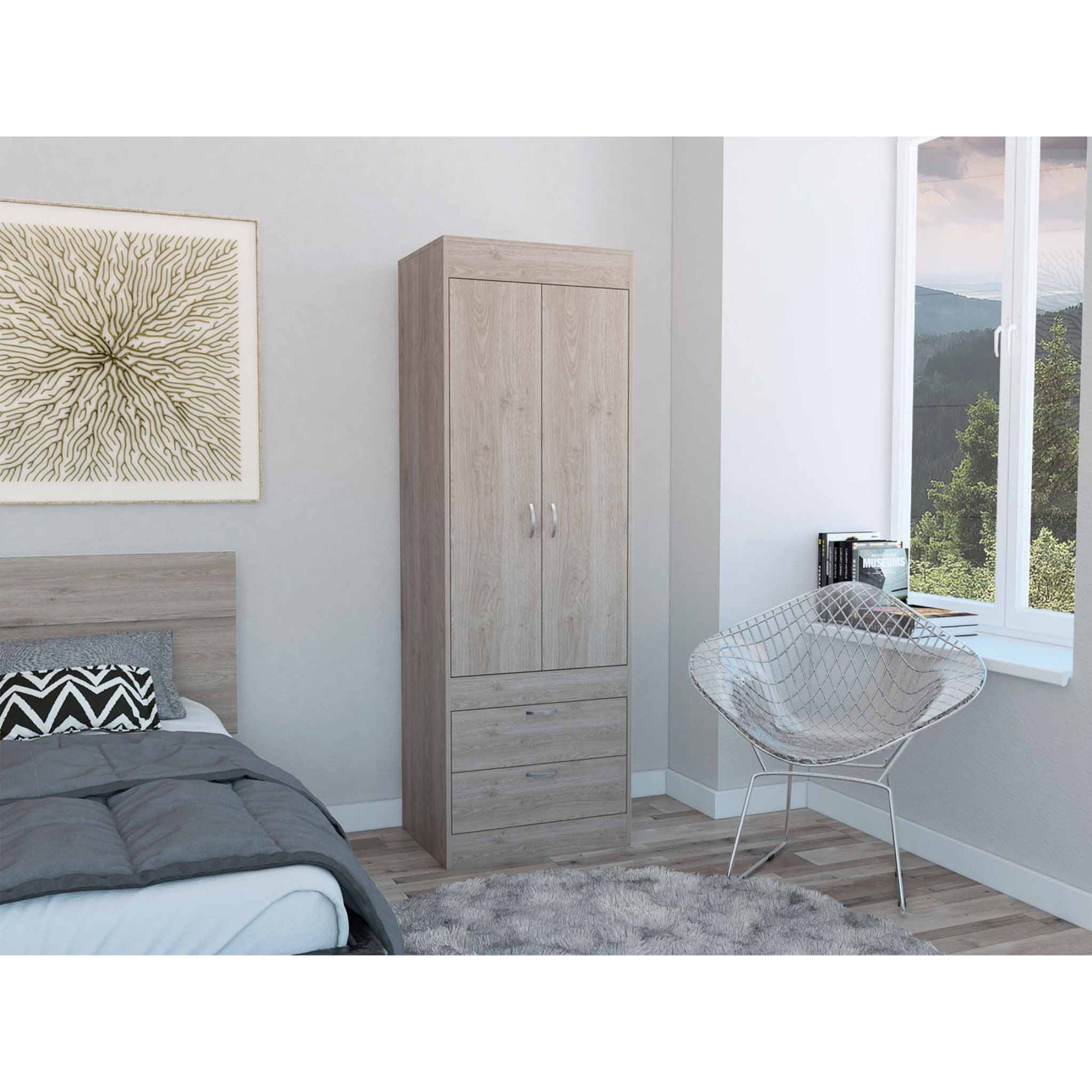 TUHOME Lisboa Armoire, Rod, Two-Door Armoire, Two Drawers, Metal Handles, Light Grey, For Bedroom