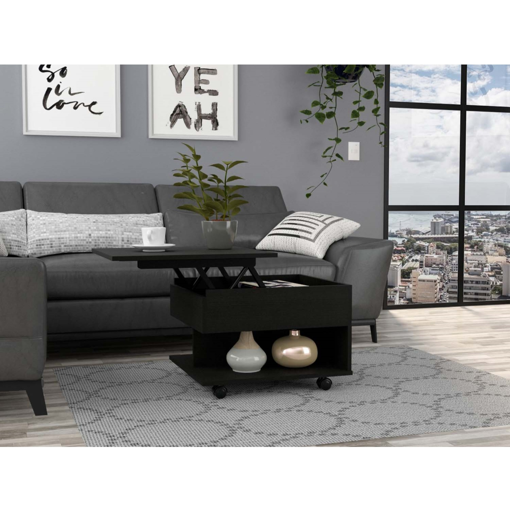 TUHOME Luanda Lift Top Coffee Table, Countertop, Caster Wheels, One Shelf - Black, For Living Room