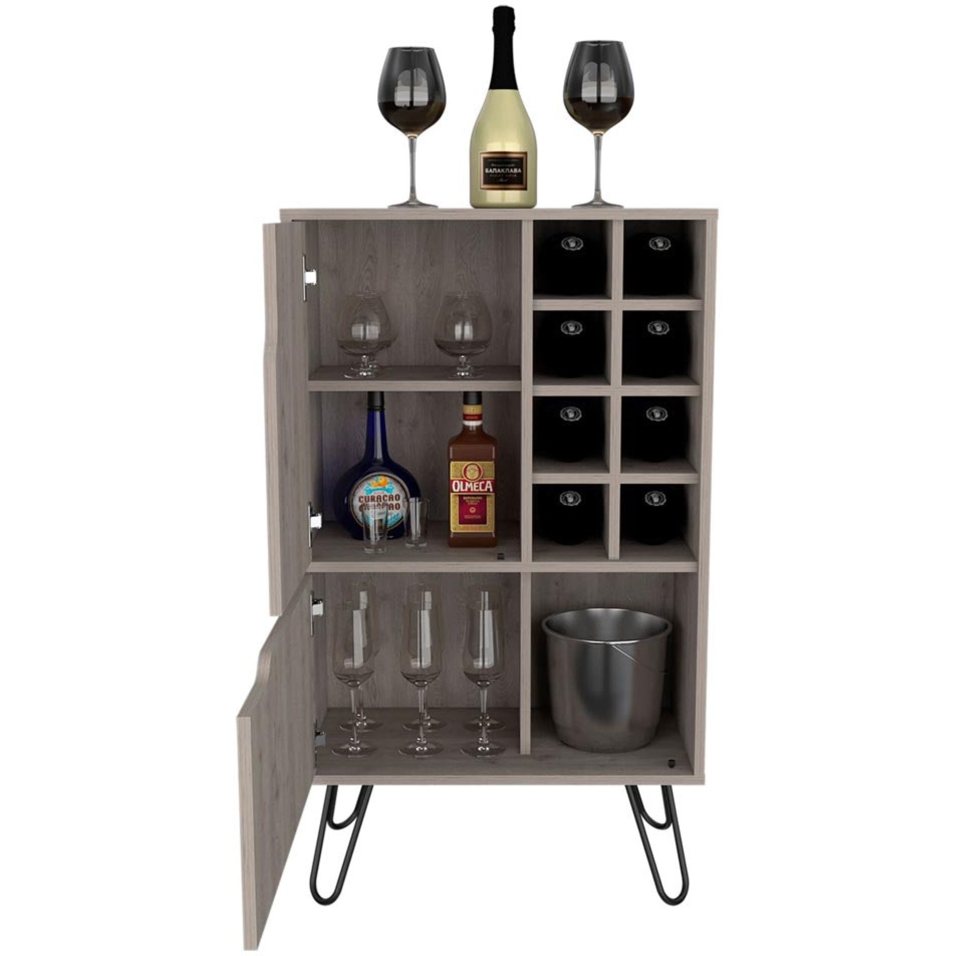 TUHOME Manhattan L Bar Cabinet, Eight Wine Cubbies, Two Cabinets With One-Door, Four Legs-Light Grey, For Living Room