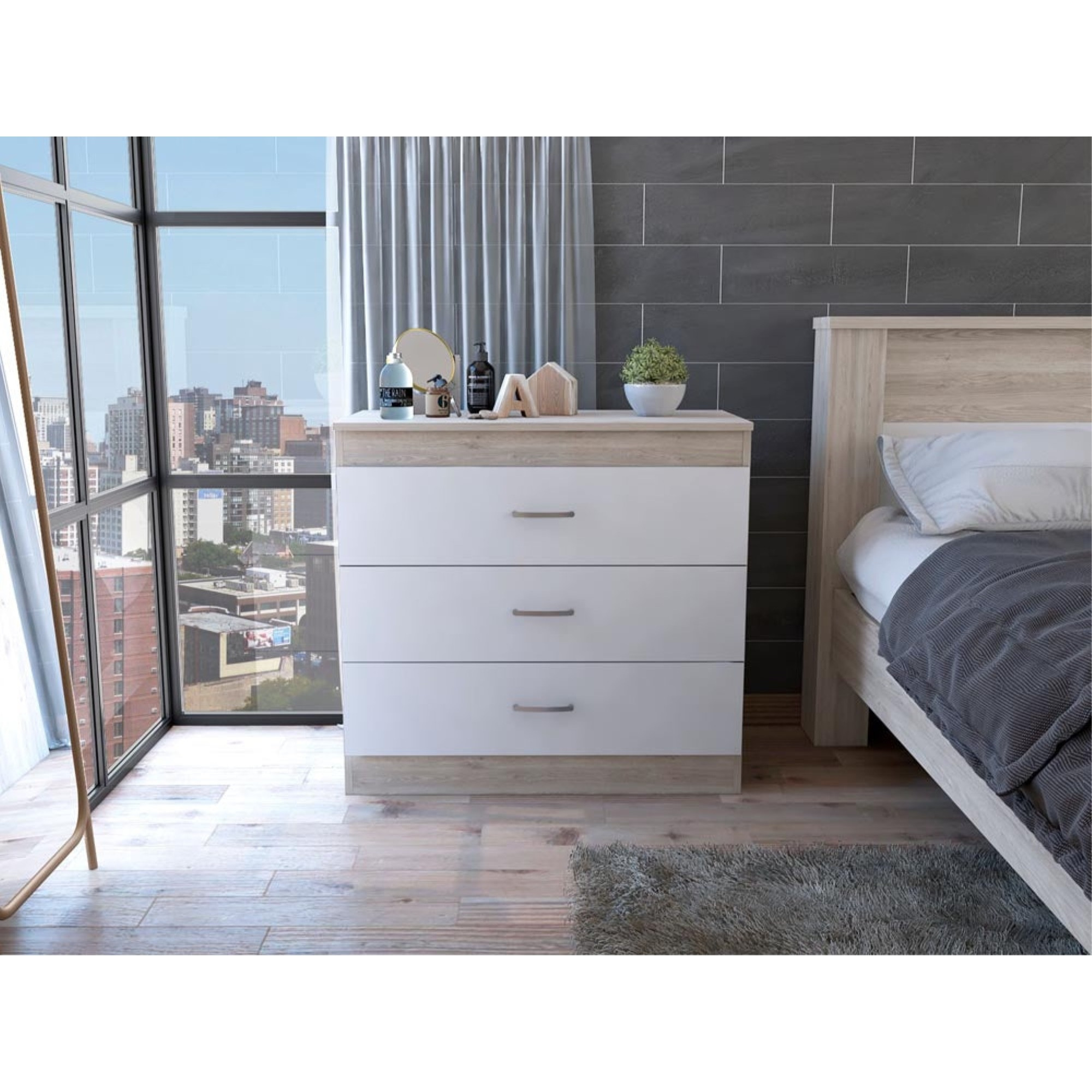 TUHOME Melia Three Drawer Dresser, Countertop, Metal Hardware, Three Drawers-Light Grey/White, For Bedroom
