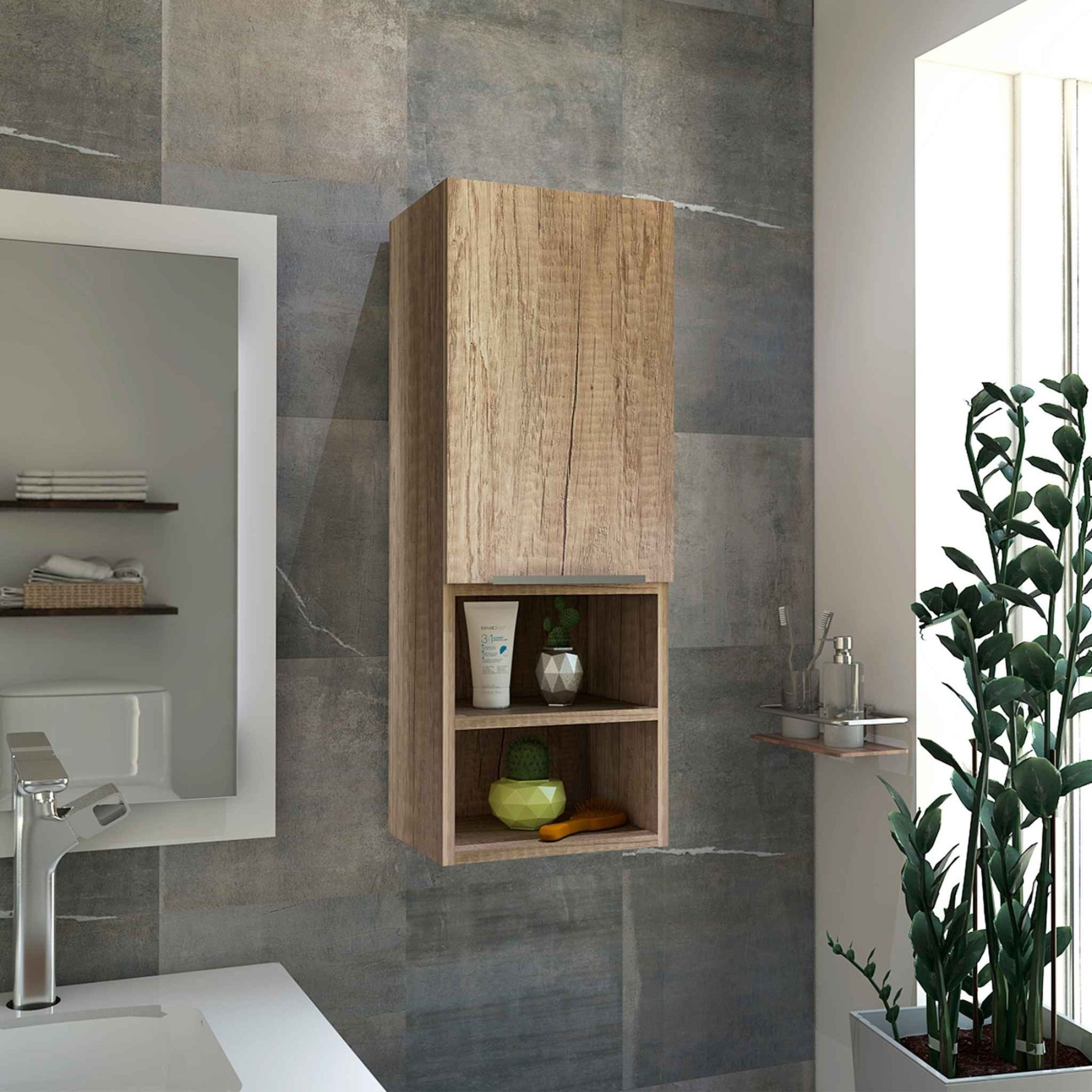 TUHOME Mila Medicine Cabinet, One-Door Cabinet,Two Internal Shelves, Two External Shelves,Weathered Oak, For Bathroom