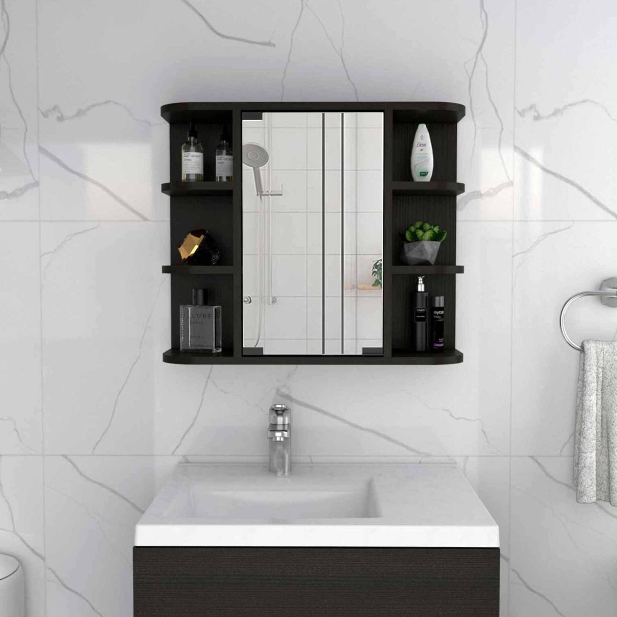 TUHOME Milan Medicine Cabinet, Six External Shelves Mirror, Three Internal Shelves, Black, For Bathroom