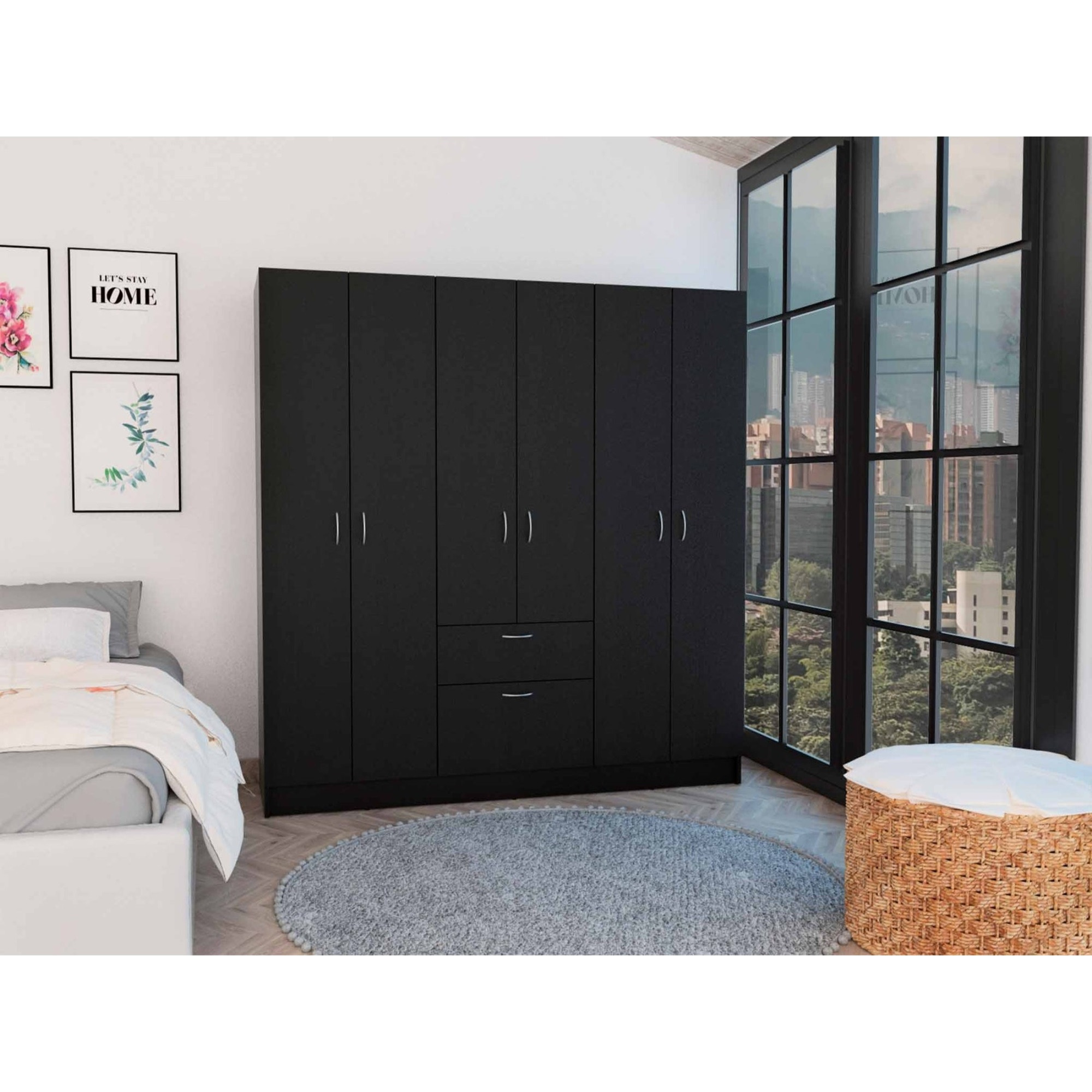 TUHOME Mitu Six Doors Armoire, Seven Internal Shelves, One Drawer, Rod, Six.Door Cabinet, Black/White , For Bedroom
