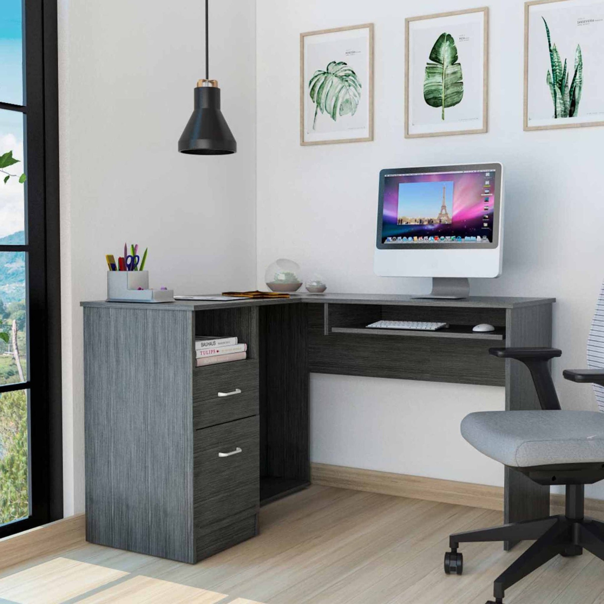 TUHOME Mix L-Shaped Desk, Countertop Desk, Flexible Shelf For Keyboard, Two Drawers, One Open Shelf, Grey Oak, For Office
