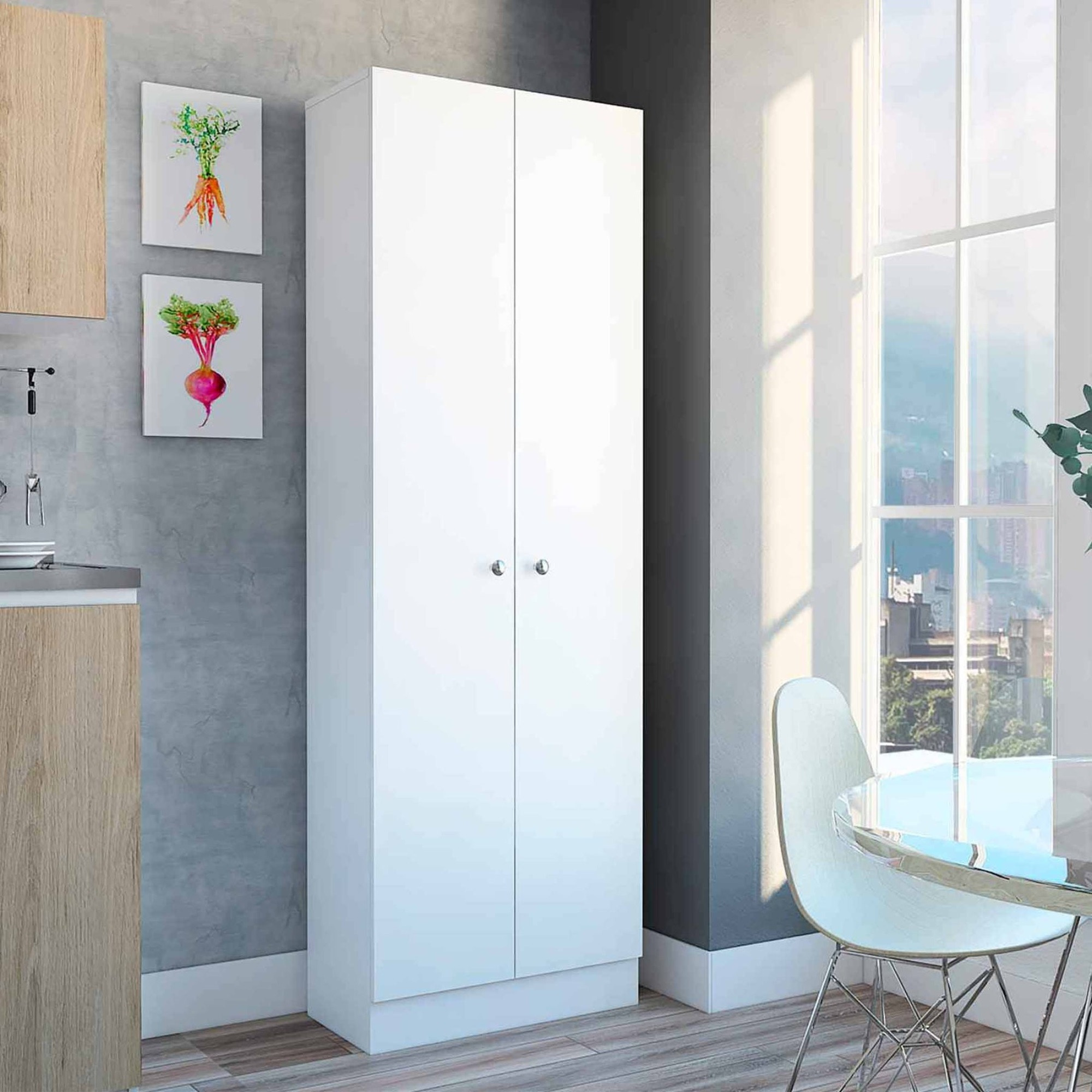 TUHOME Multi Storage Pantry Cabinet, Five Shelves, Two Door Cabinet, White, For Kitchen Room