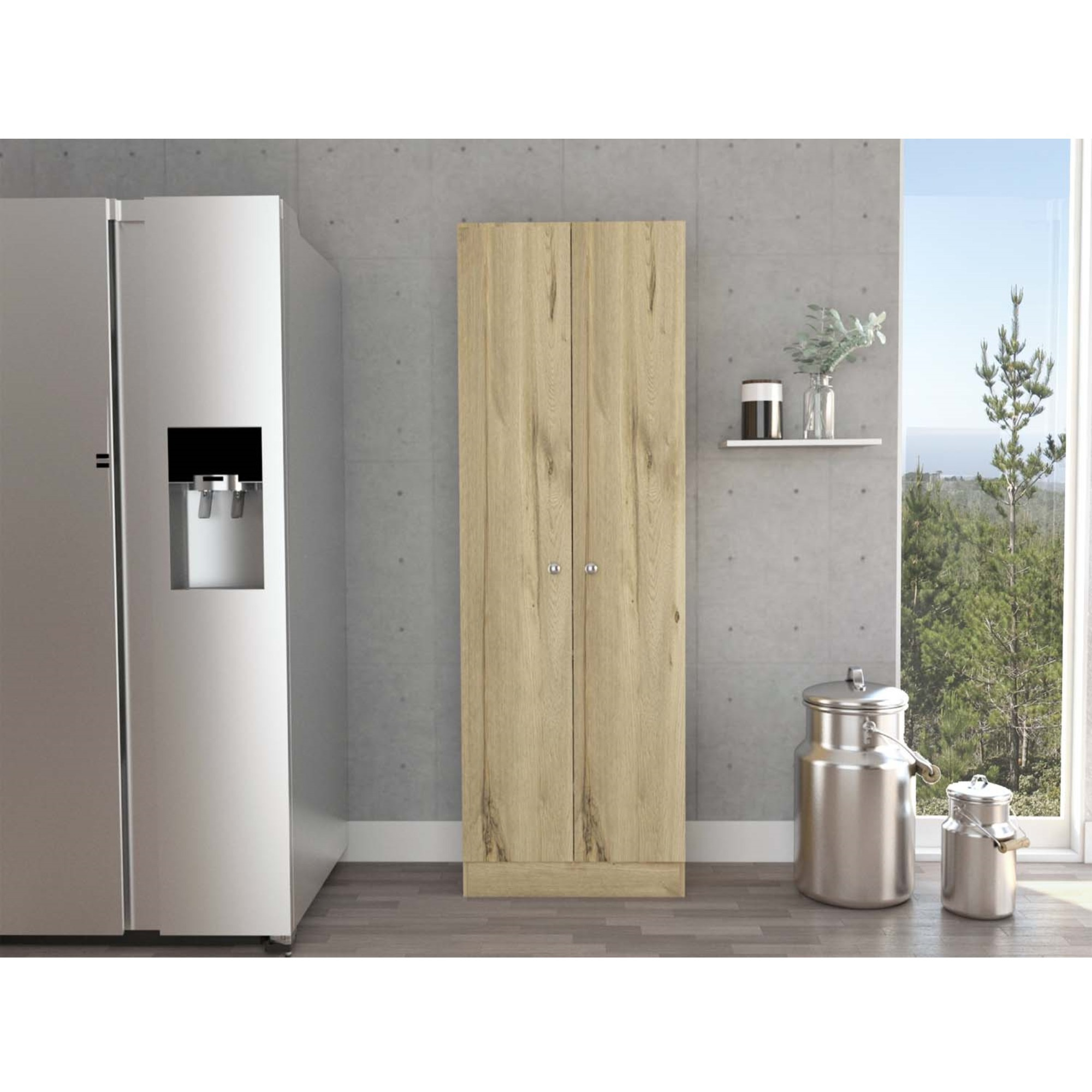 TUHOME Multistorage Cabinet, Two Door Cabinet, Five Shelves, Light Oak/Black, For Kitchen Room