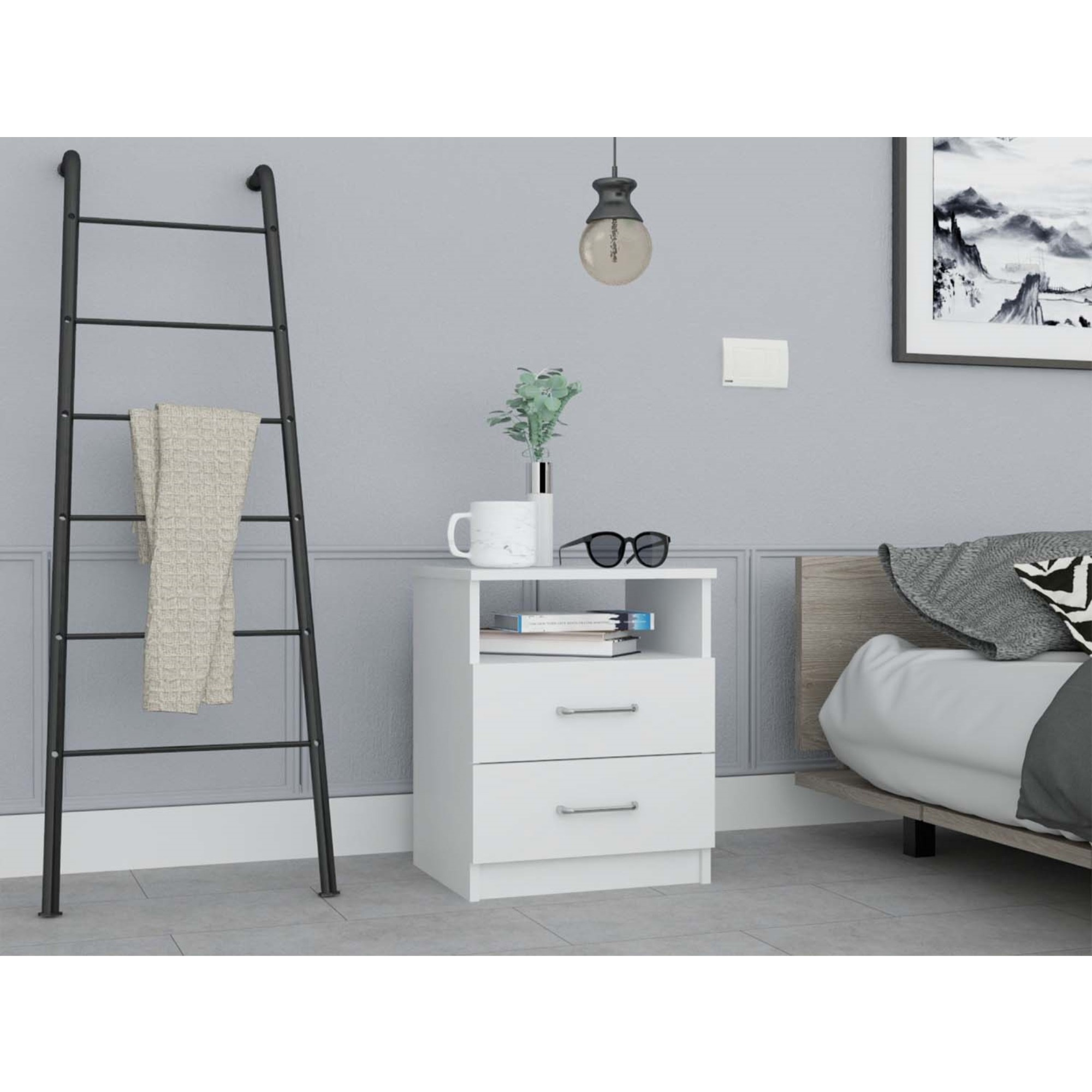 TUHOME Napoles Night Stand, Countertop, Two Drawers, One Shelf- White, For Bedroom