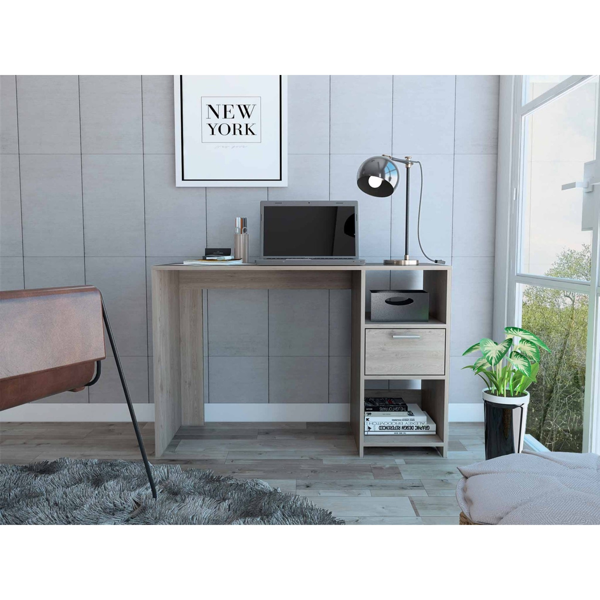 TUHOME Omma Computer Desk, One Drawer, Countertop Table, Two Shelves, Light Grey, For Office