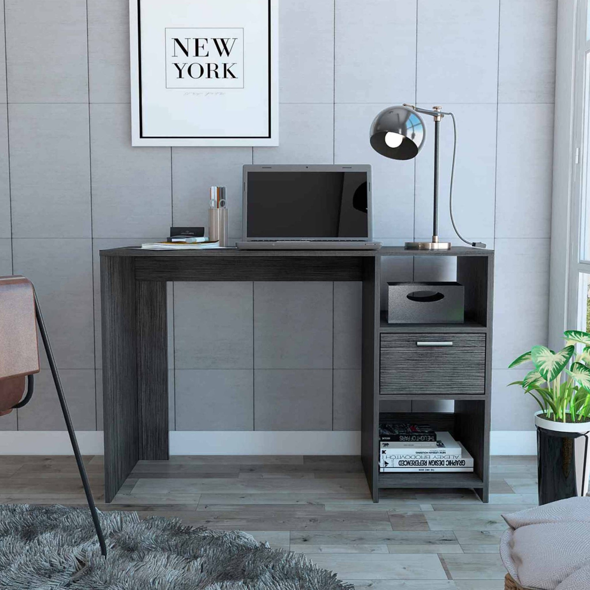 TUHOME Omma Computer Desk, One Drawer, Countertop Table, Two Shelves, Grey Oak, For Office