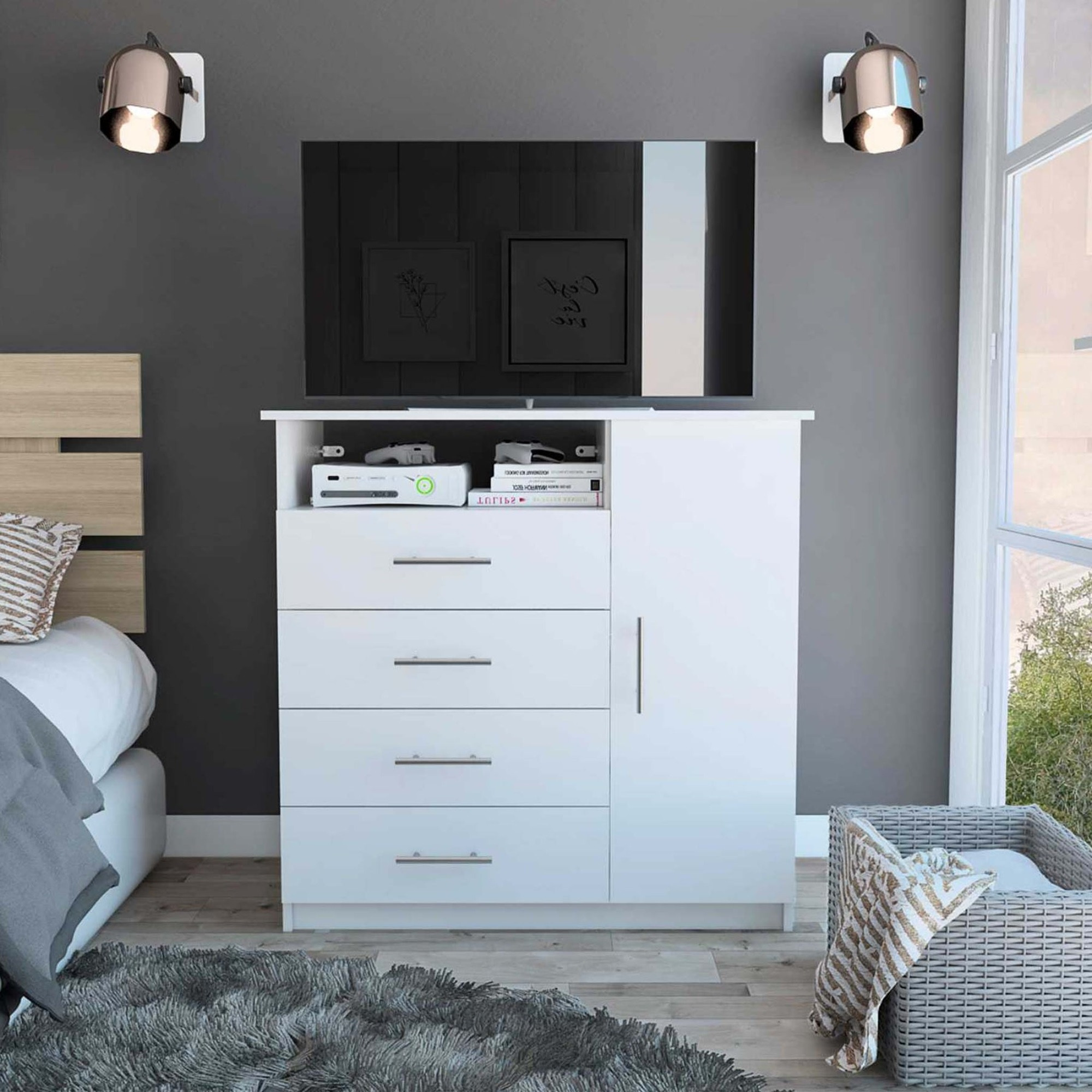 TUHOME Peru 4 Drawer Dresser, Four Drawers, One-Door Cabinet, One Open Shelf, Countertop, White, For Bedroom
