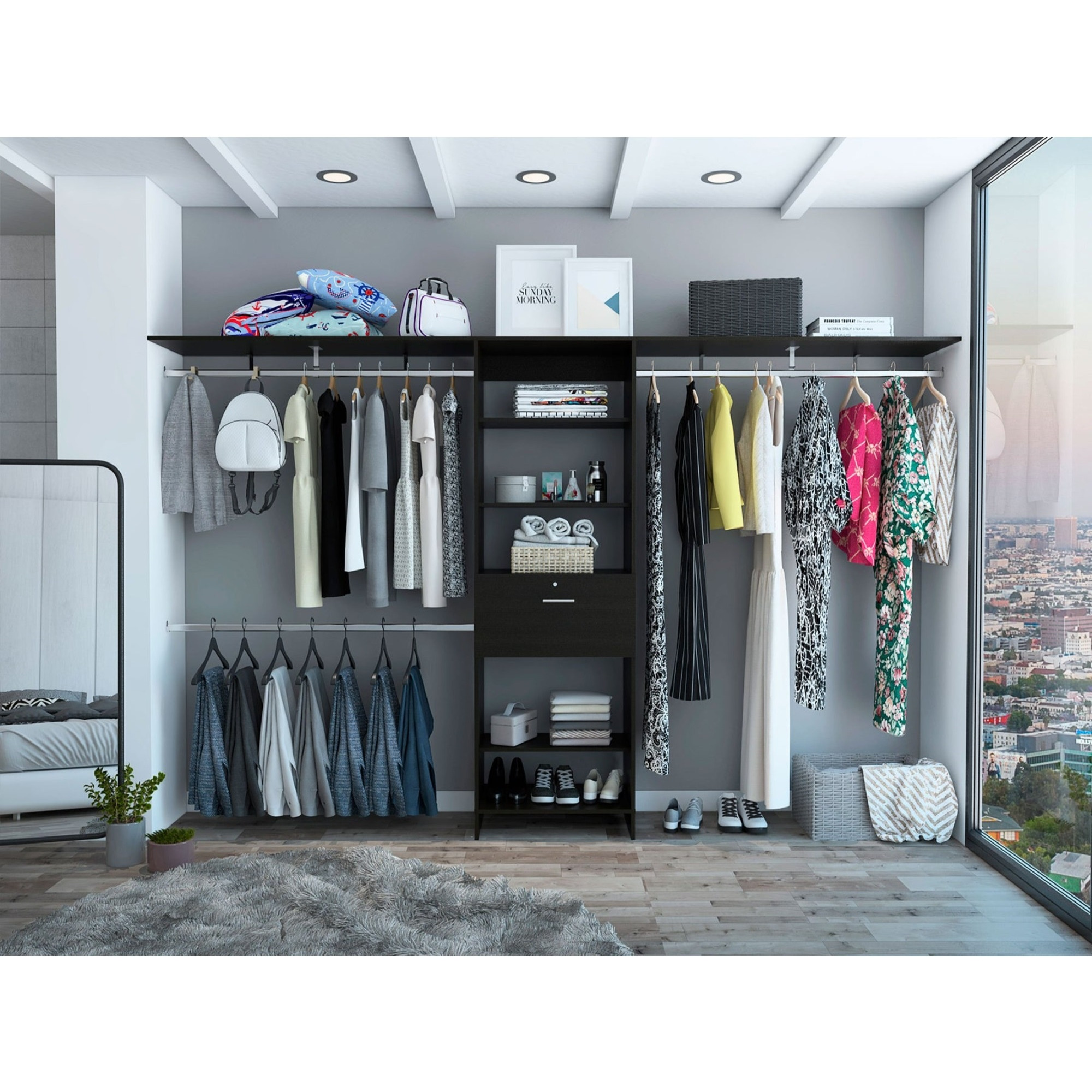 TUHOME Plego 70&quotW - 118&quotW Drawers Closet System, One Drawer,Three Hanging Rods, Five Shelves, Black, For Bedroom