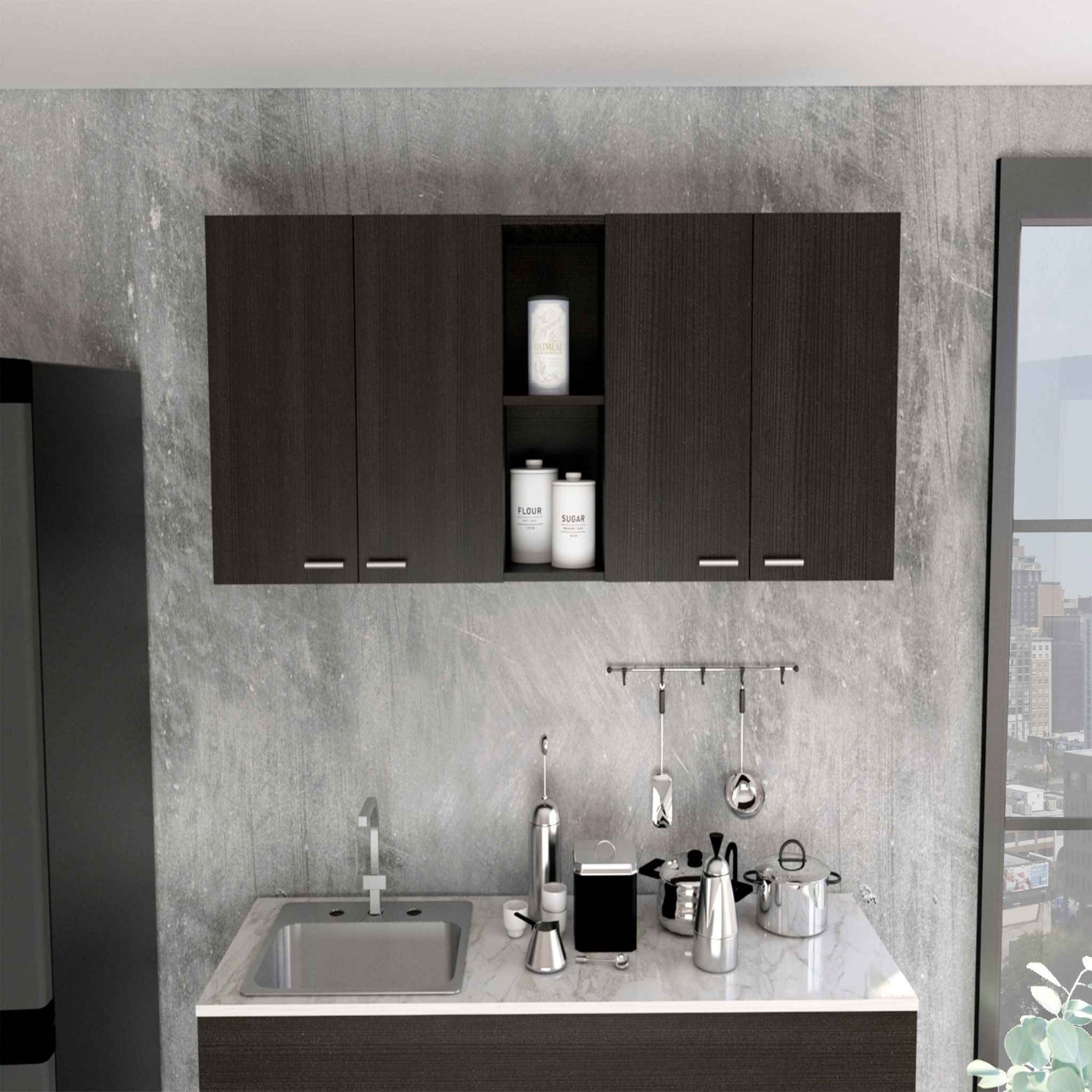 TUHOME Portofino 150 Wall Cabinet,  Double Two-Door Cabinet, Racks, Two External Shelves, Two Internal Shelves, Black, For Kitchen Room
