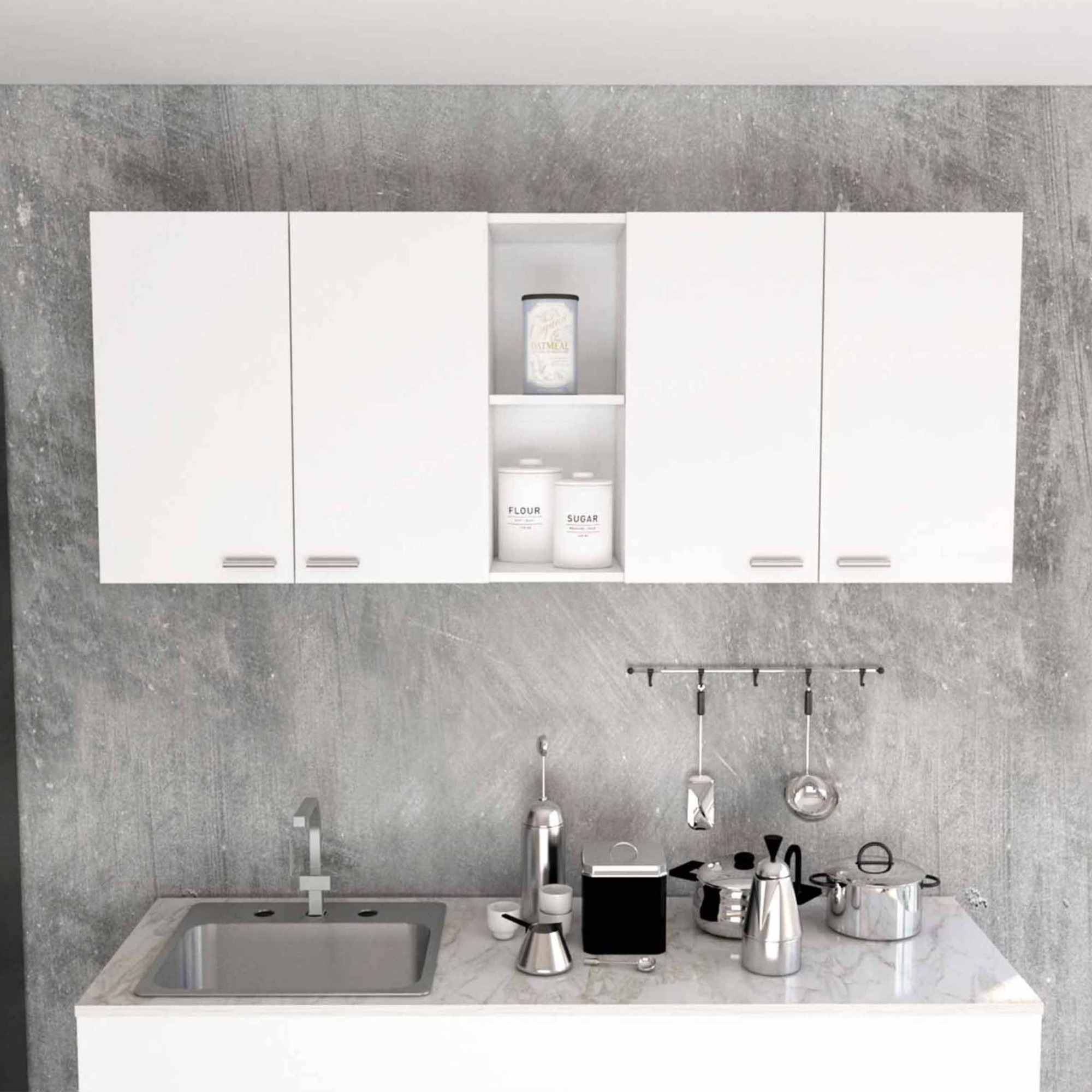 TUHOME Portofino 150 Wall Cabinet,  Double Two-Door Cabinet, Racks, Two External Shelves, Two Internal Shelves, White, For Kitchen Room