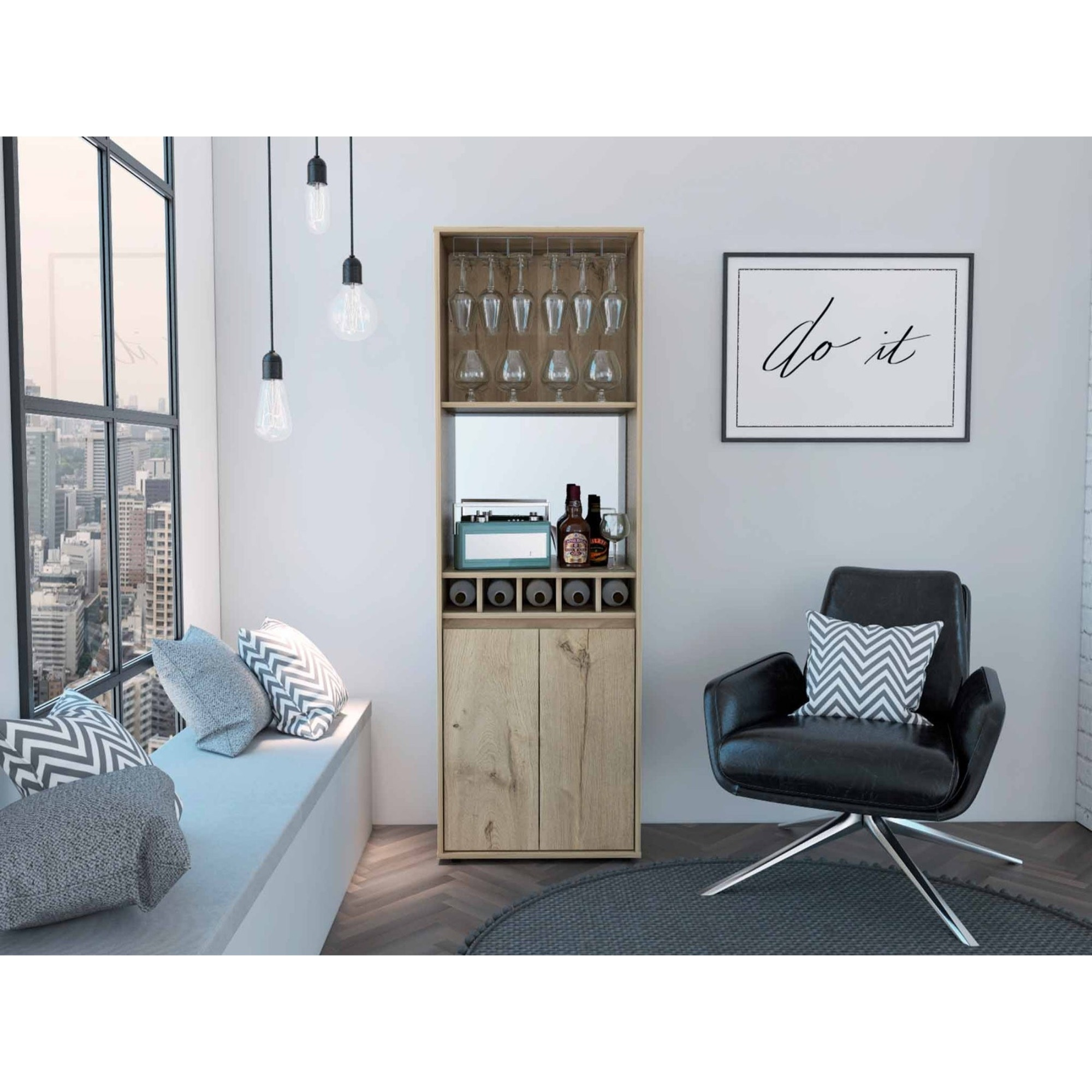 TUHOME Prana Bar Cabinet, Two Shelves, Five Wine Cubbies, Cup Rack, Two Door Cabinet, Two Internal Shelves, Light Oak, For Living Room