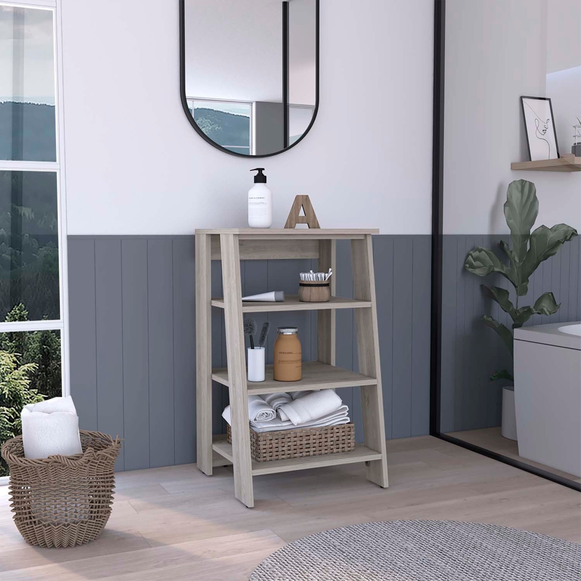 TUHOME St. Lucia Linen Cabinet, Vertical, Four Shelves, Countertop, Light Oak - Light Grey , For Bathroom
